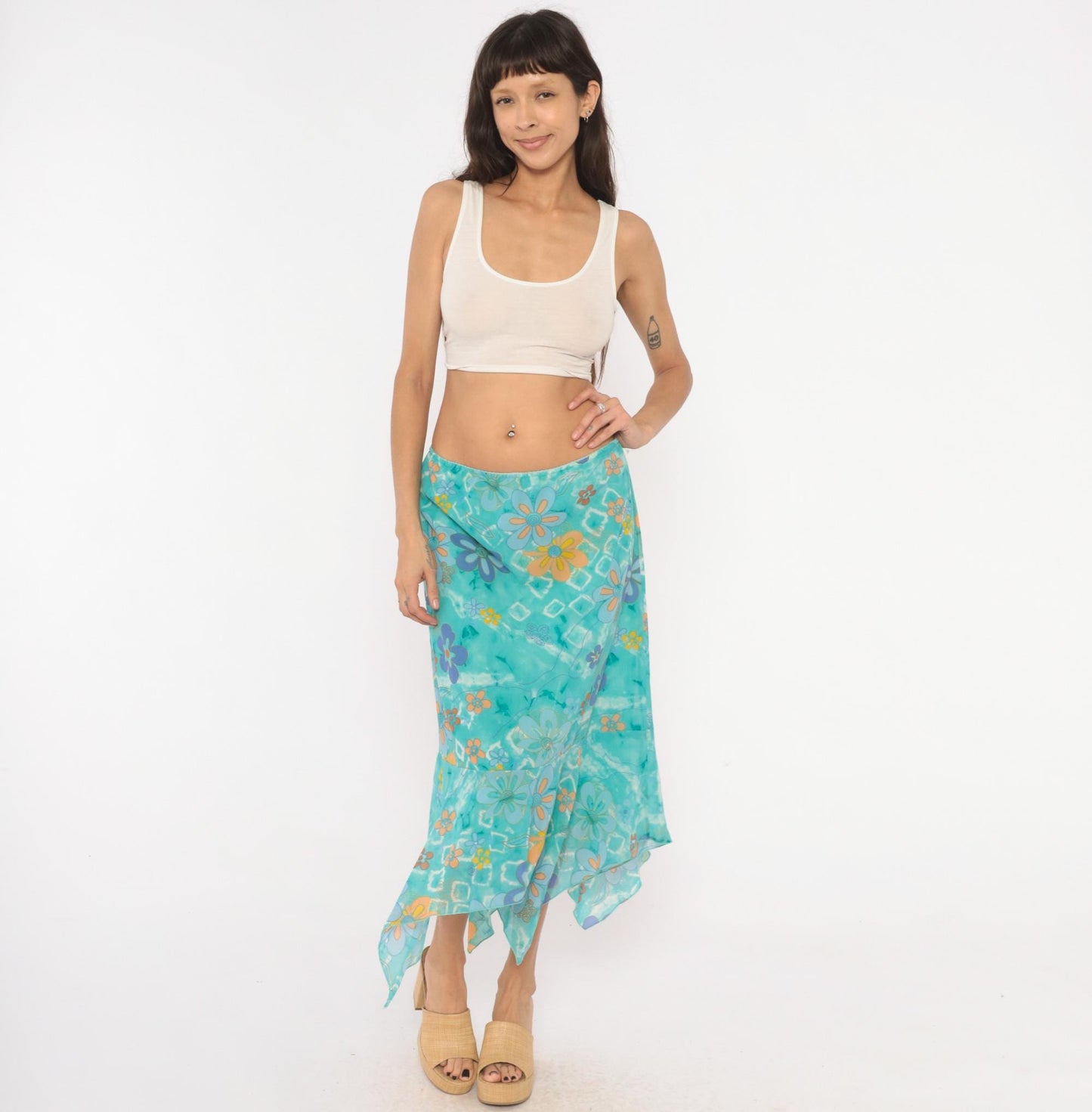 Y2K Millenium Psychedelic Handkerchief Midi Skirt Turquoise Floral Extra Large XXL