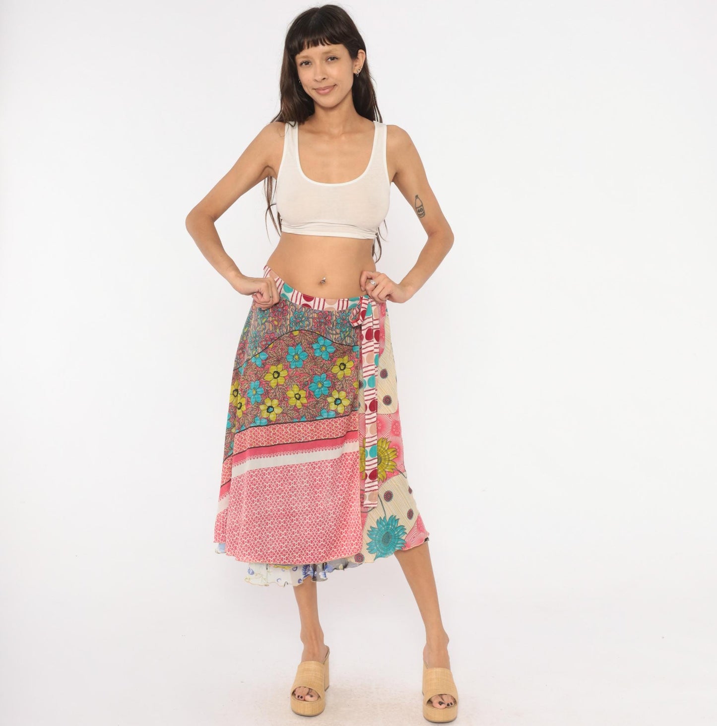 Y2K Kariza Reversible Wrap Midi Skirt Floral Patchwork Blue Pink Medium Large
