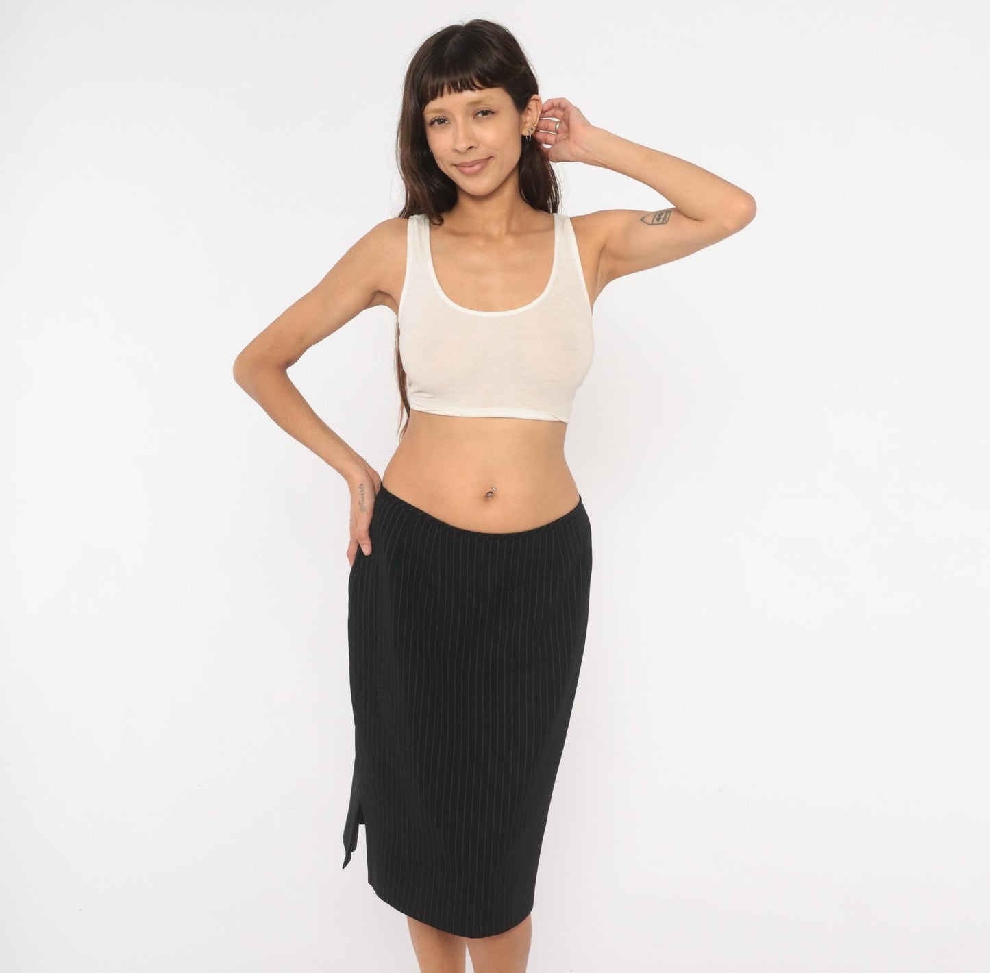 2000s Black Pinstripe A-Line Skirt White Stripe Knee-Length Medium M