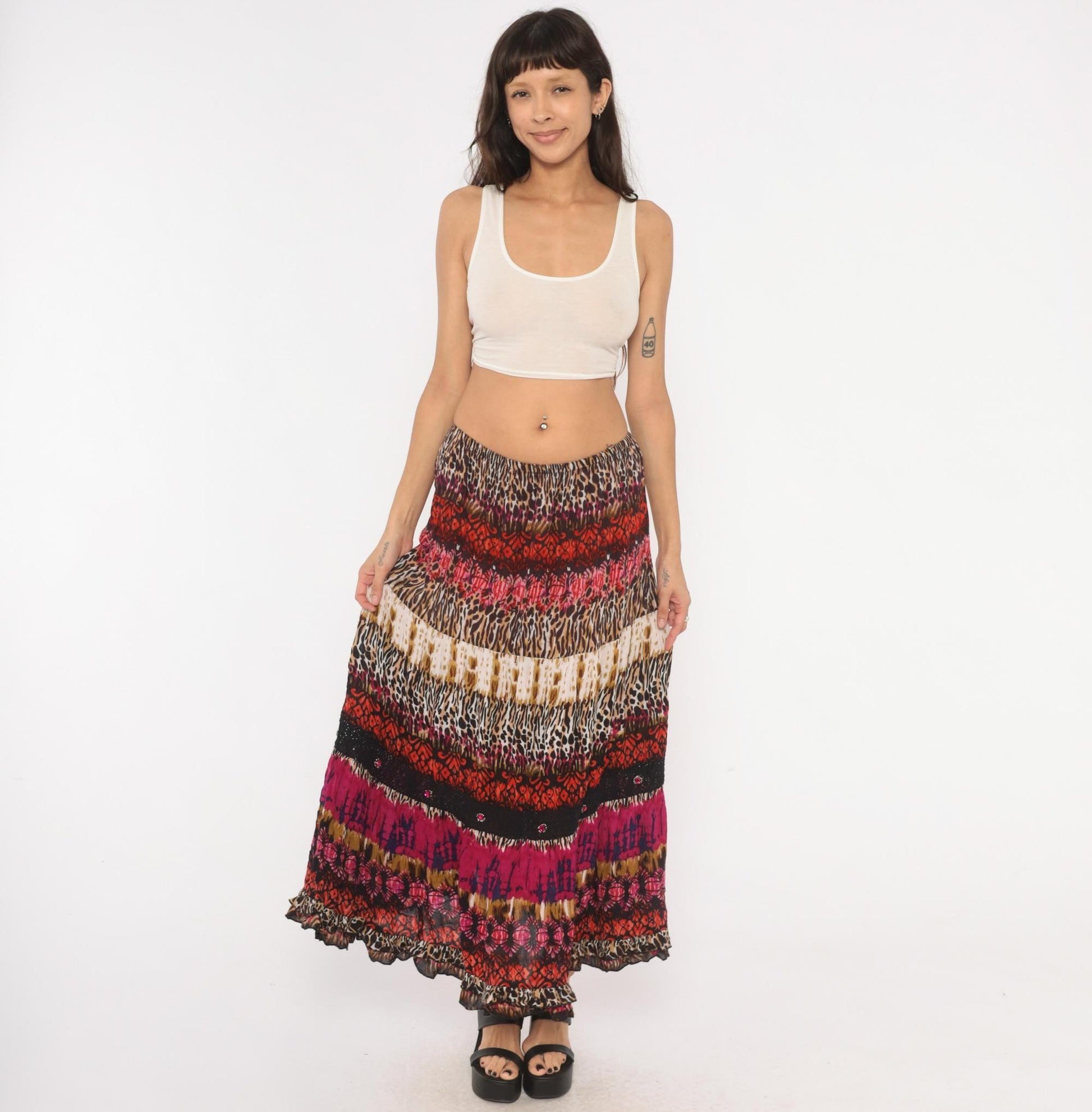 90s Forbidden Animal Print Maxi Skirt Pink Leopard Tiered XL