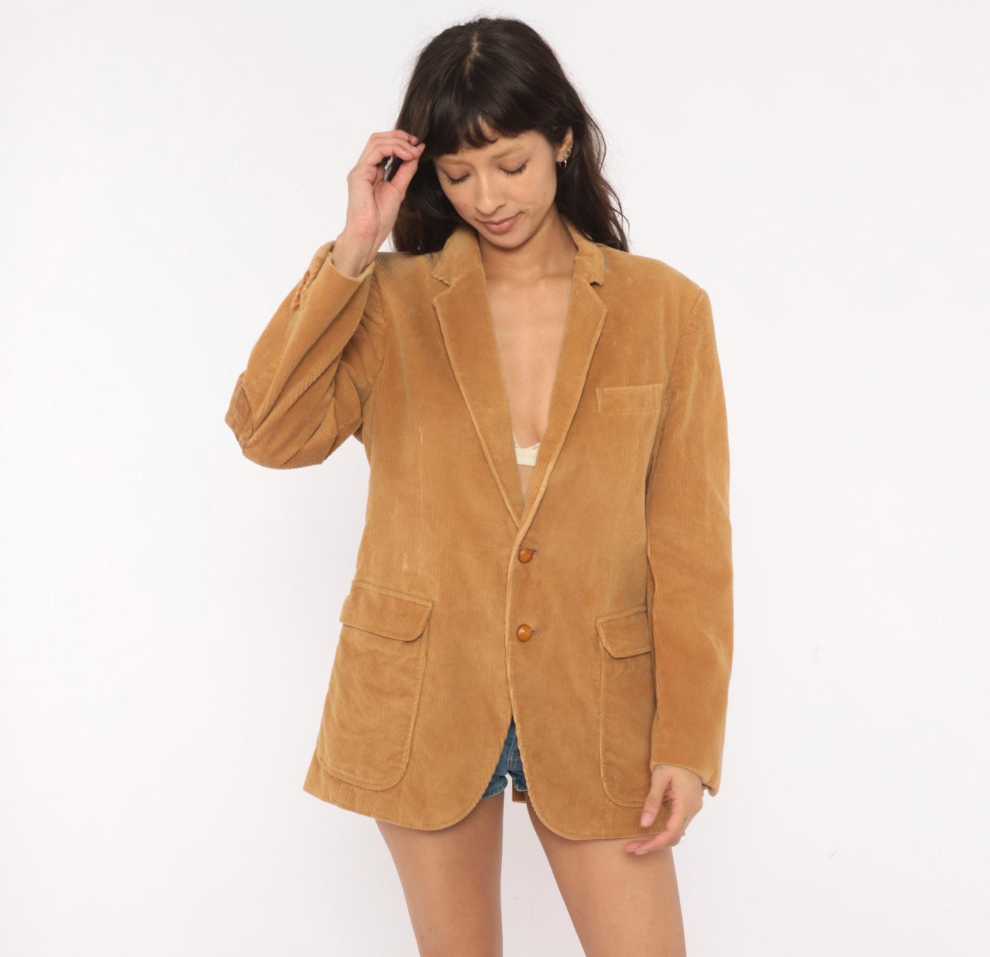 80s Richman Corduroy Blazer Tan Suede Elbow Patch Two Button Medium