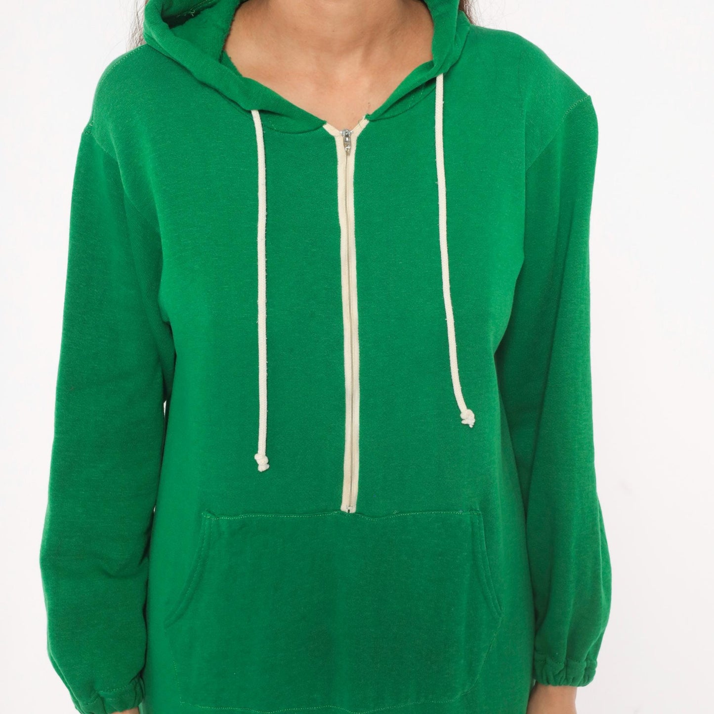 80s Sportwear Emerald Green Hooded Maxi Dress Half-Zip Balloon Sleeve Medium