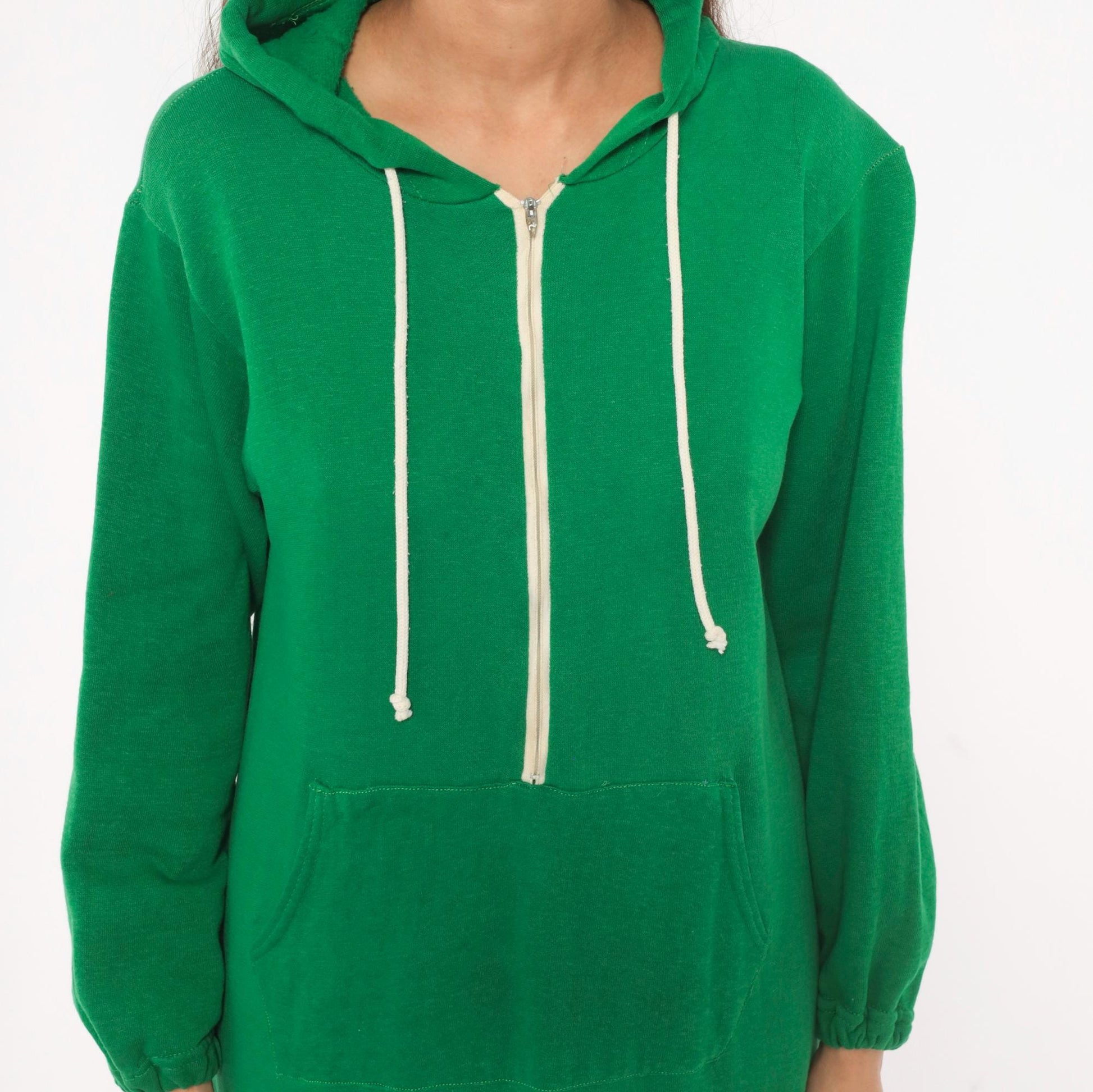 80s Sportwear Emerald Green Hooded Maxi Dress Half-Zip Balloon Sleeve Medium