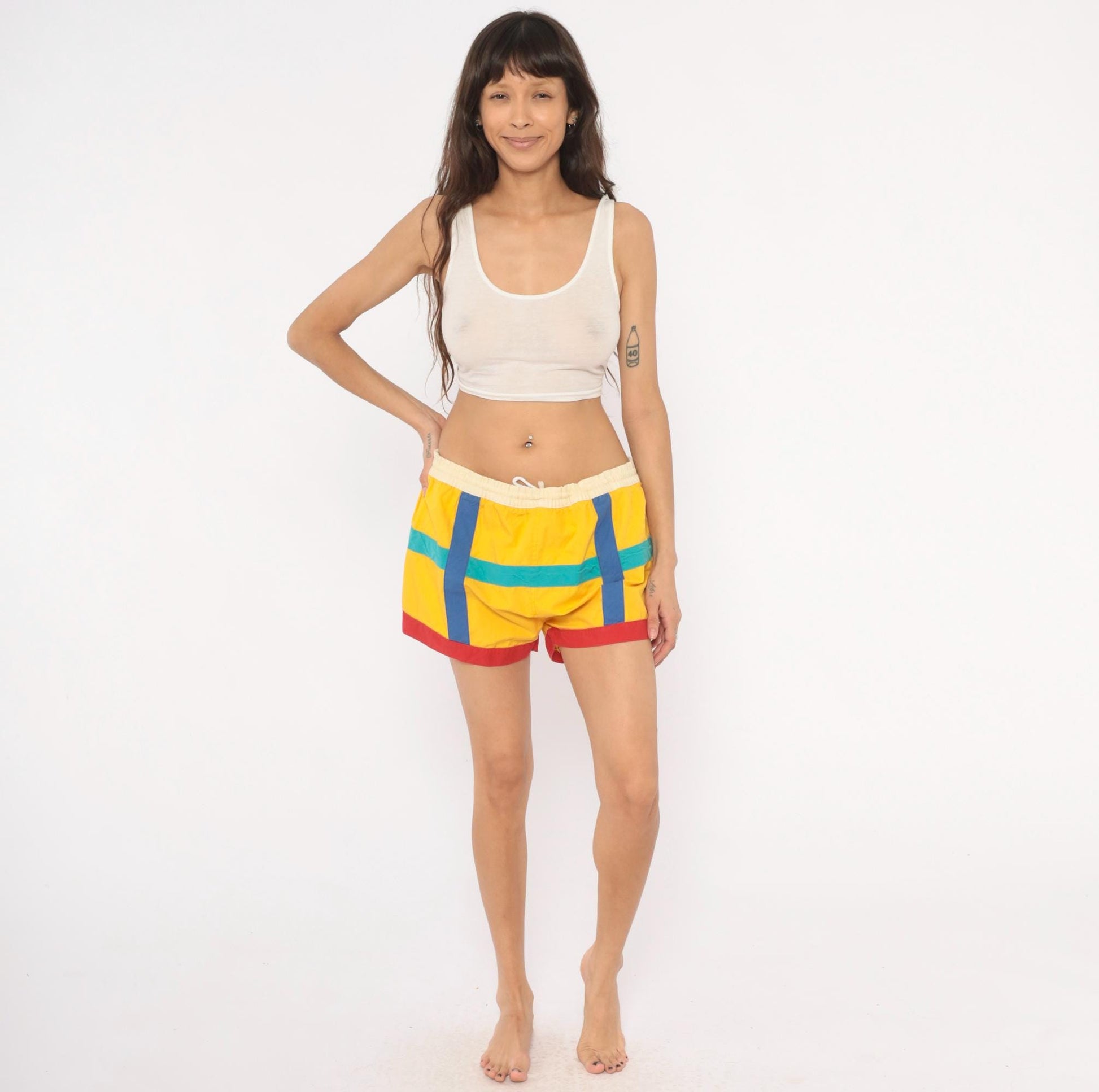 80s Freestyle Color Block Swim Shorts Yellow Teal Blue Large L