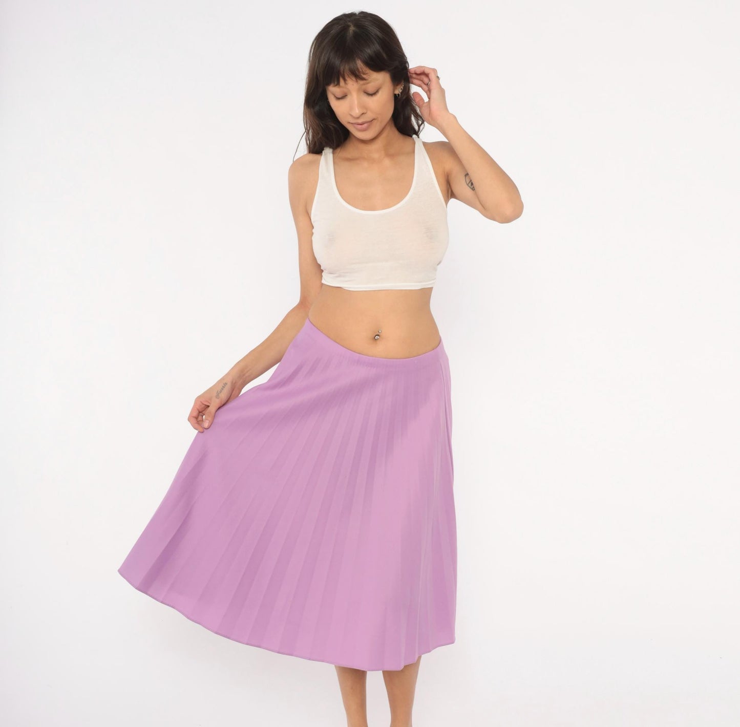 70s Lilac Pleated A-Line Skirt Purple Swing Elastic Waist Medium Large
