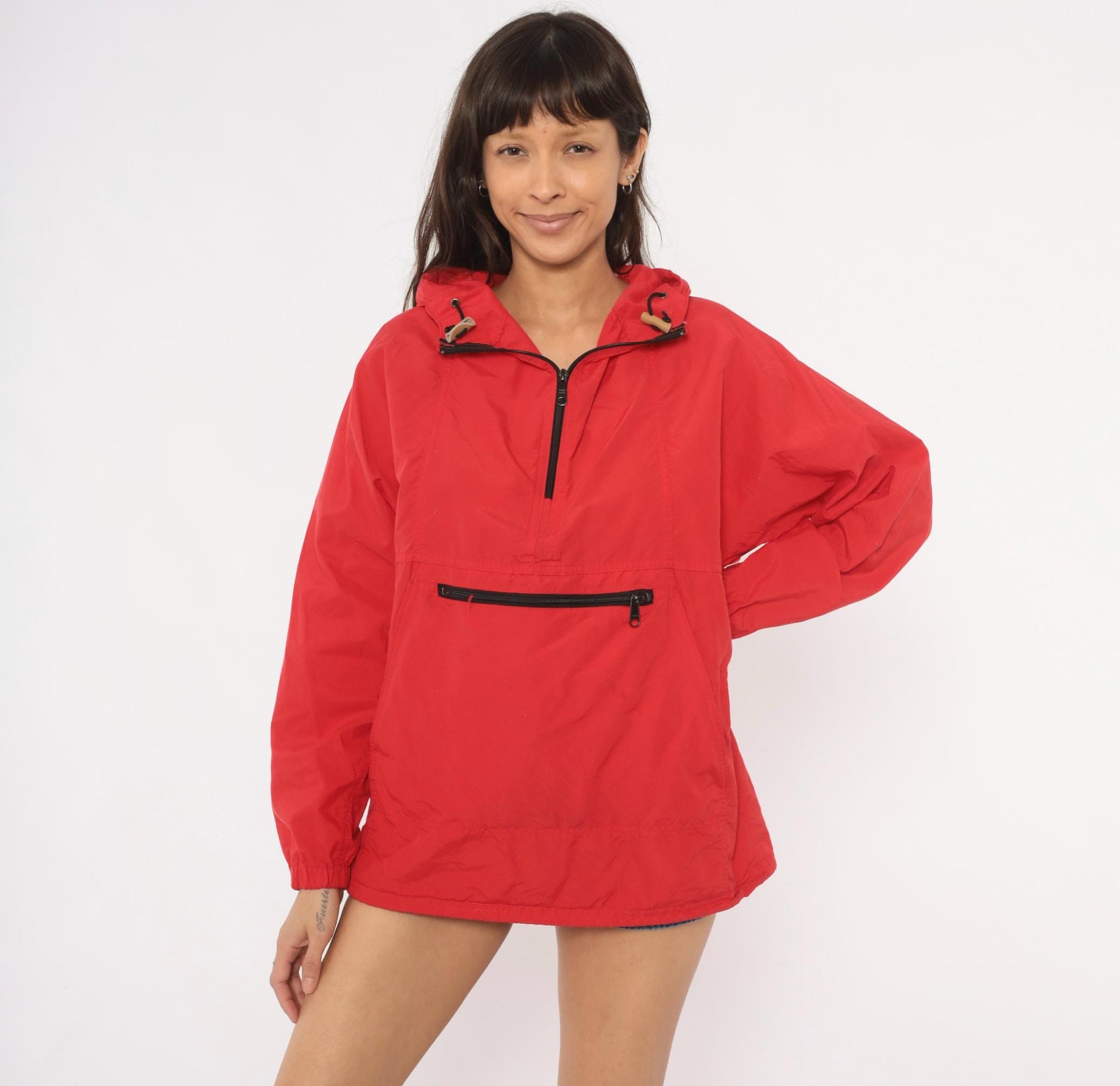 80s L.L.Bean Red Anorak Half-Zip Hooded Windbreaker Medium M