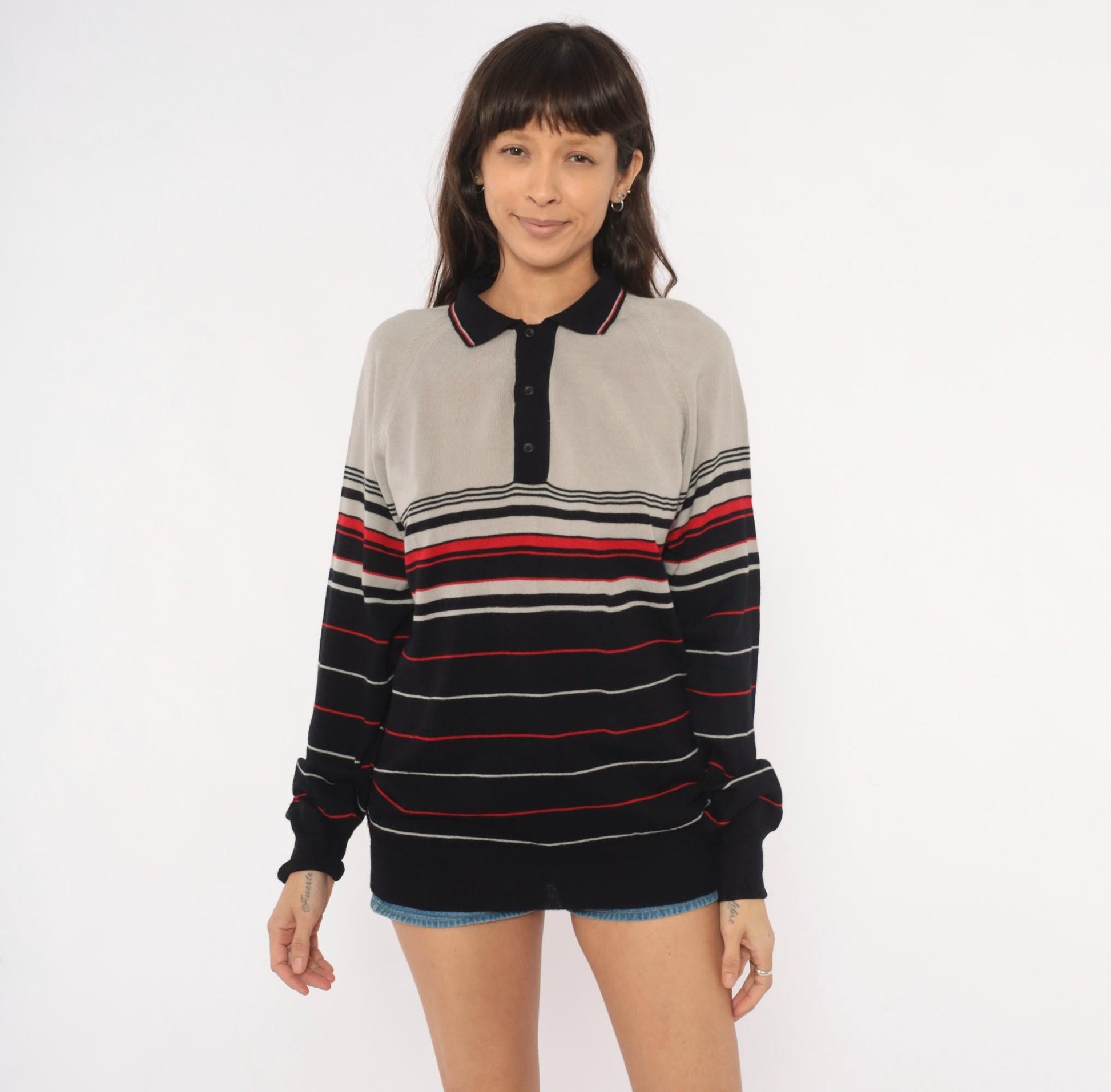 80s Colin Lt Marx Striped Polo Sweater Black Grey Red Raglan Knit Large