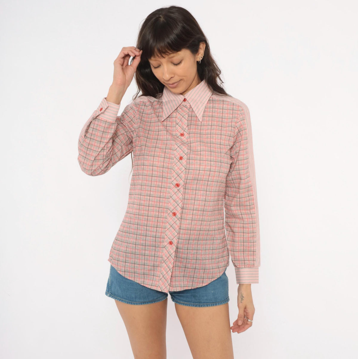 80s Plaid Button-Front Blouse Red Black Glen Check Pointed Collar Small