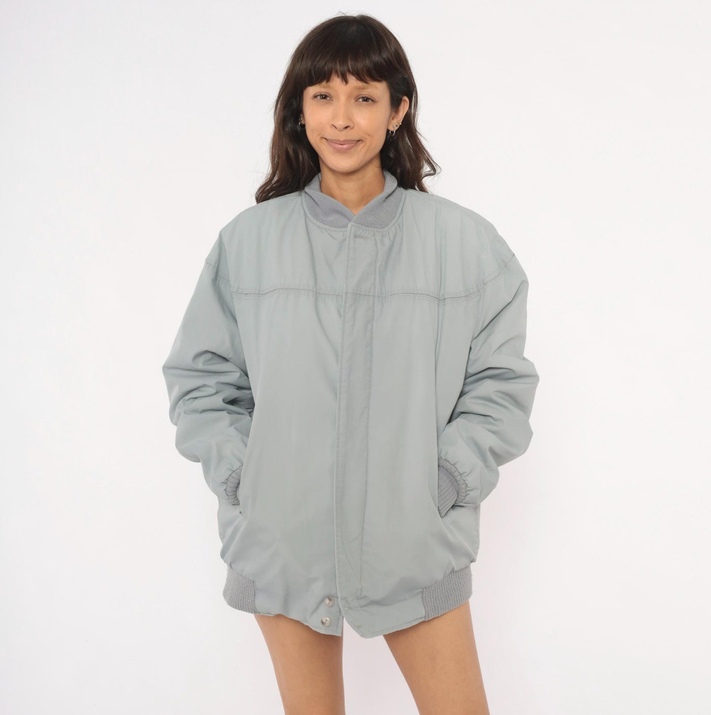 80s Catalina Varsity Bomber Jacket Grey Cotton Knit Collar Medium