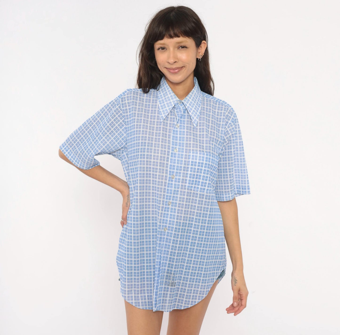70s Dectolene Blue Windowpane Grid Check Shirt Pointed Collar Extra Large