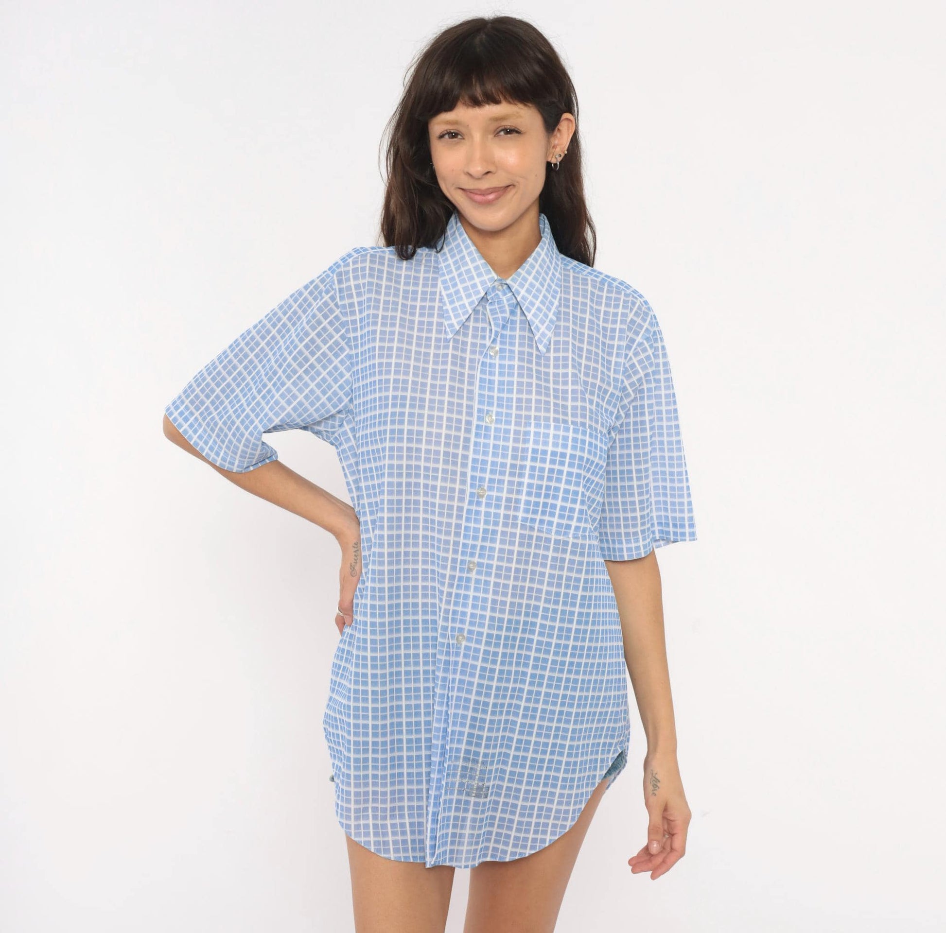 70s Dectolene Blue Windowpane Grid Check Shirt Pointed Collar Extra Large