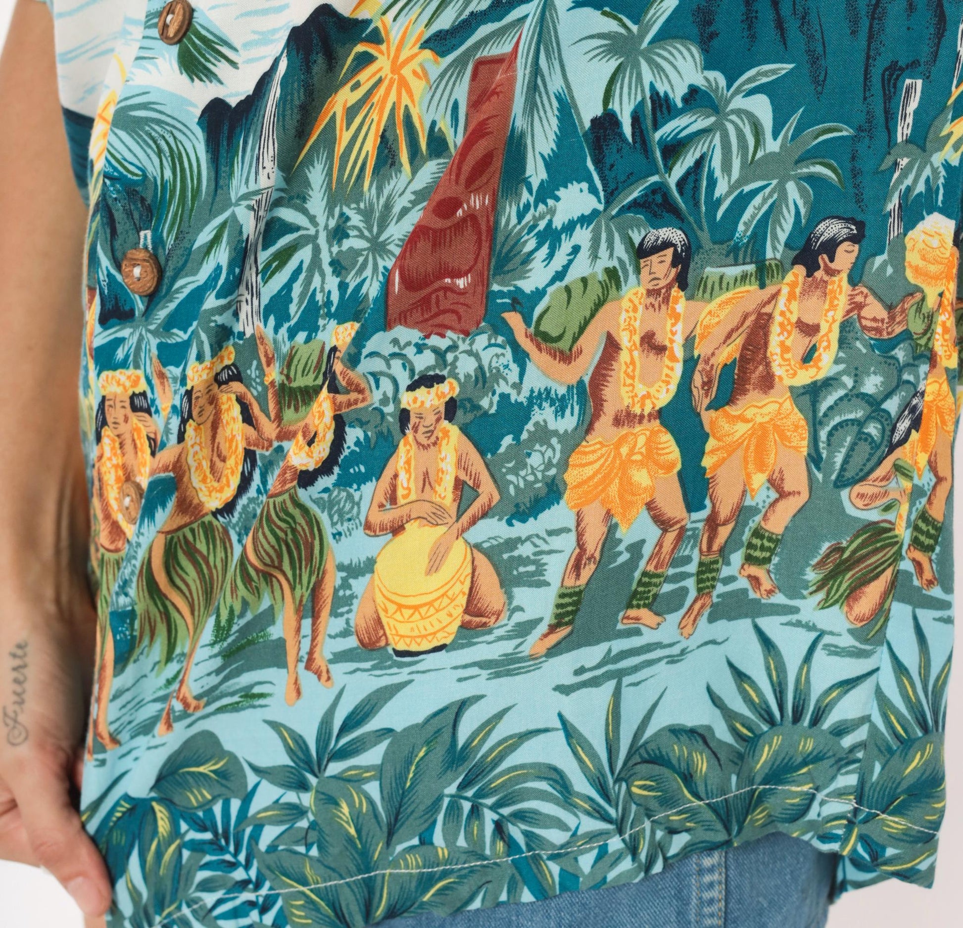 90s Kennington Ltd Hawaiian Shirt Polynesian Island Scene Blue Rayon Medium