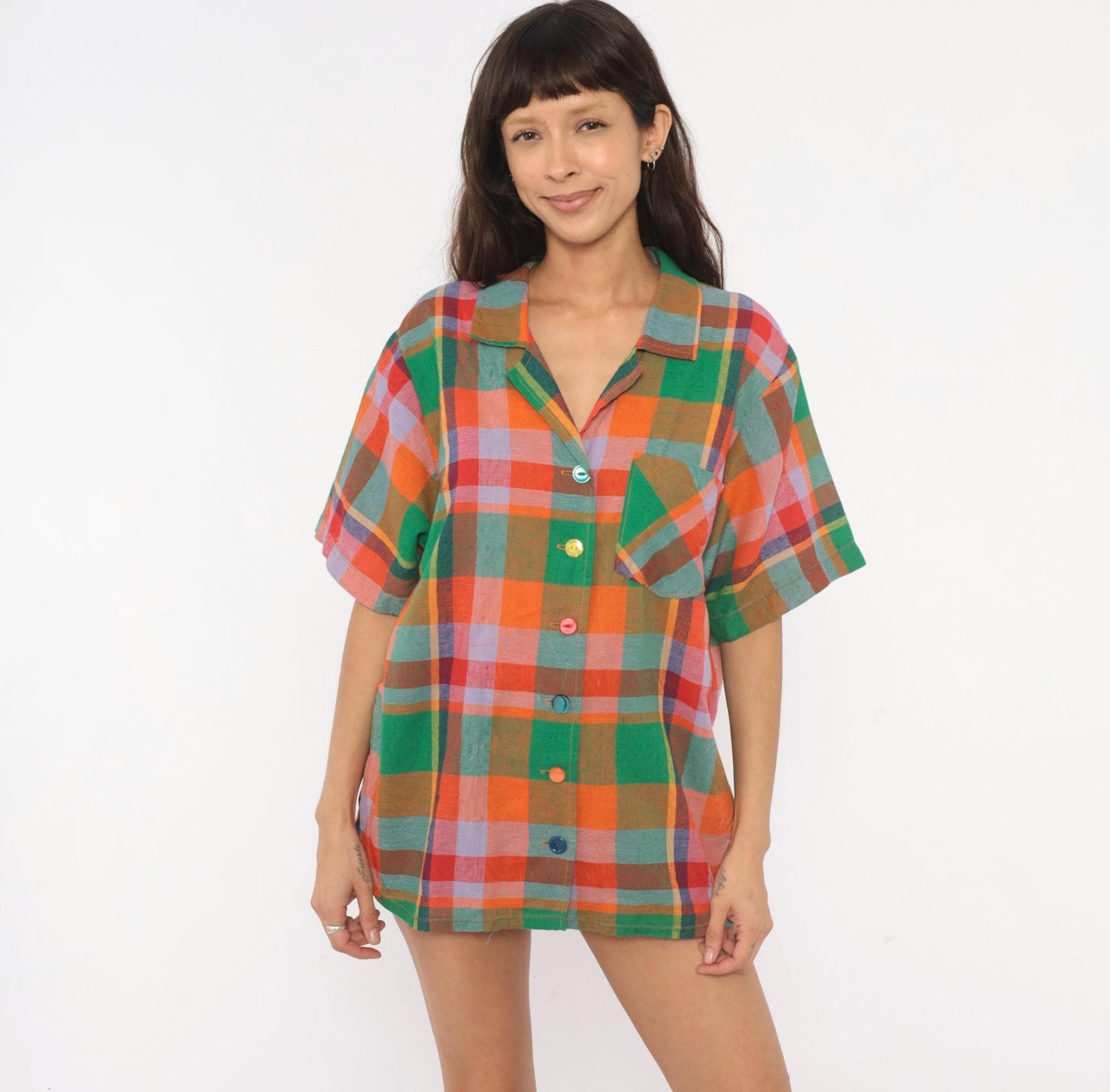 80s Rainbow Plaid Camp Shirt Cotton Button Front Blouse Large L