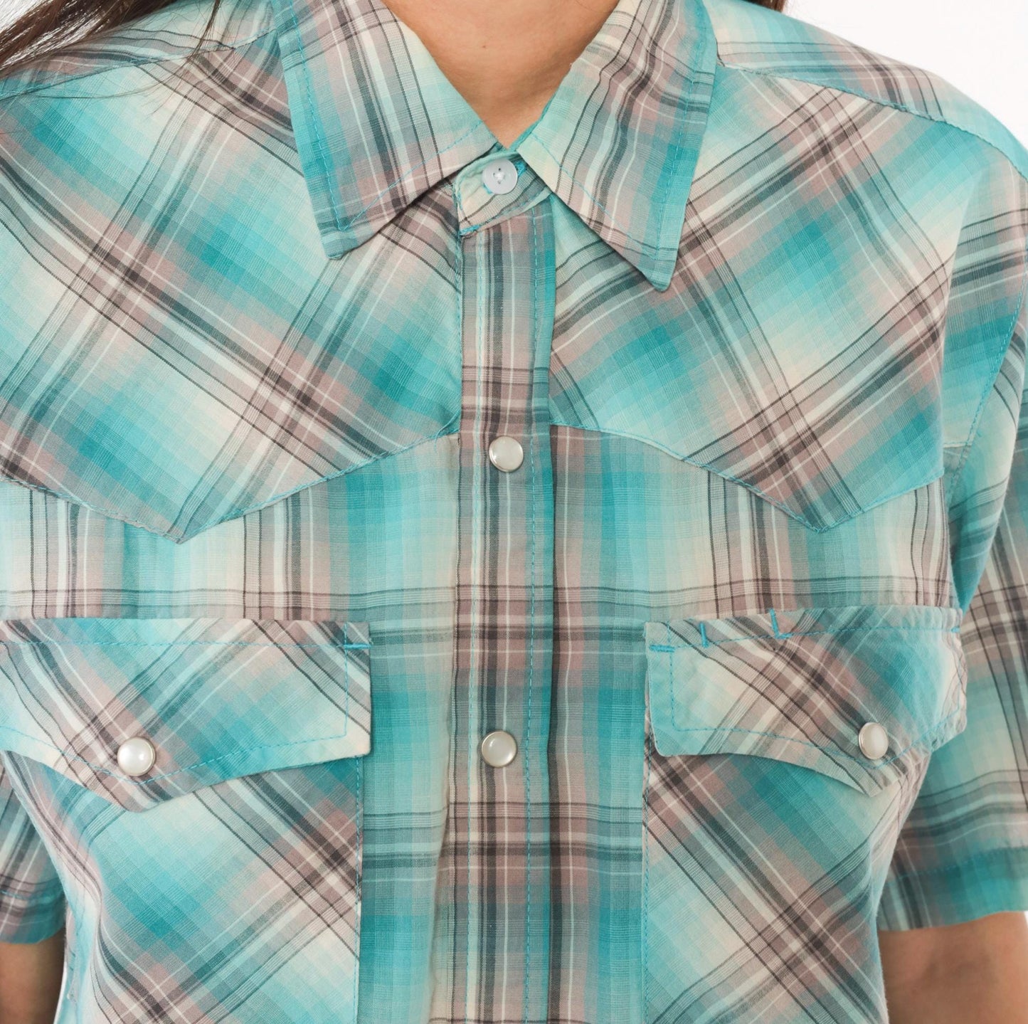 Y2K Rustic Ridge Western Plaid Snap Shirt Teal Grey Medium M