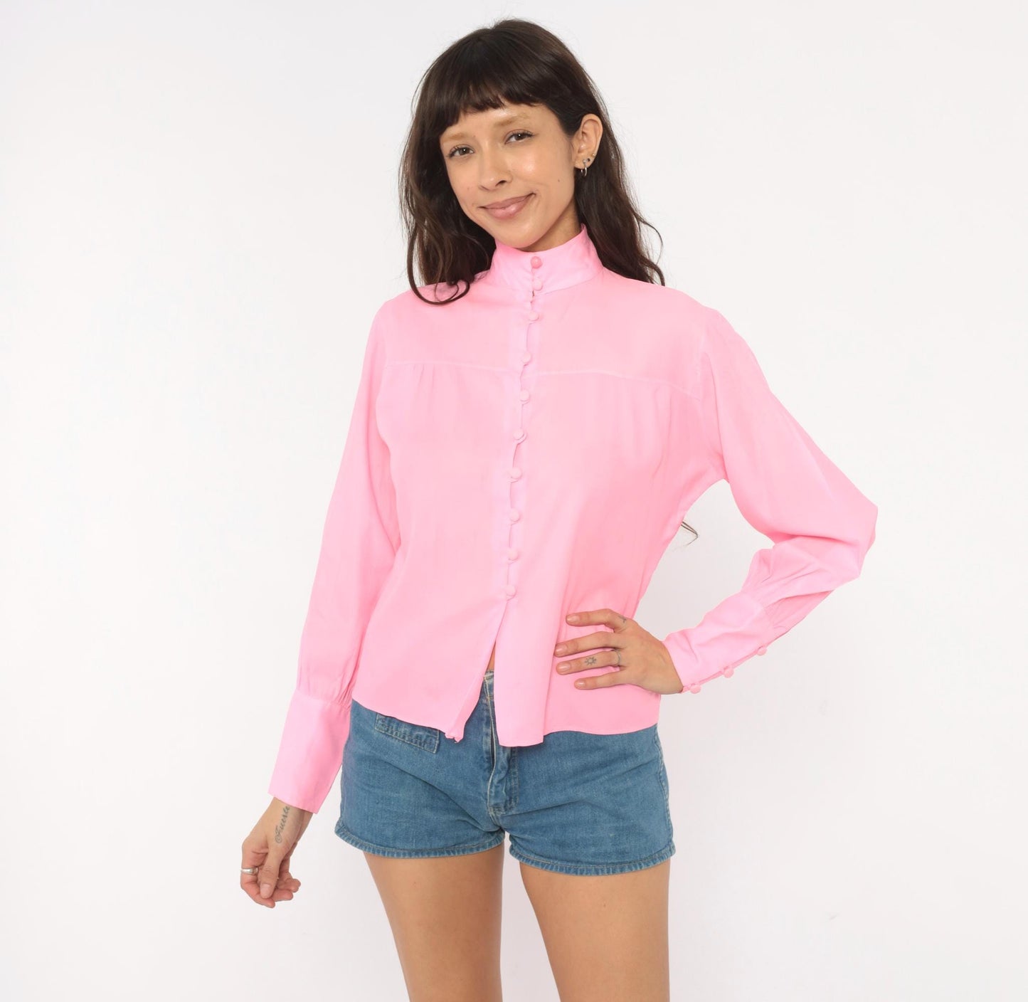 70s Alice Stuart Bubblegum Pink Disco Blouse Mandarin Collar Long Sleeve Small