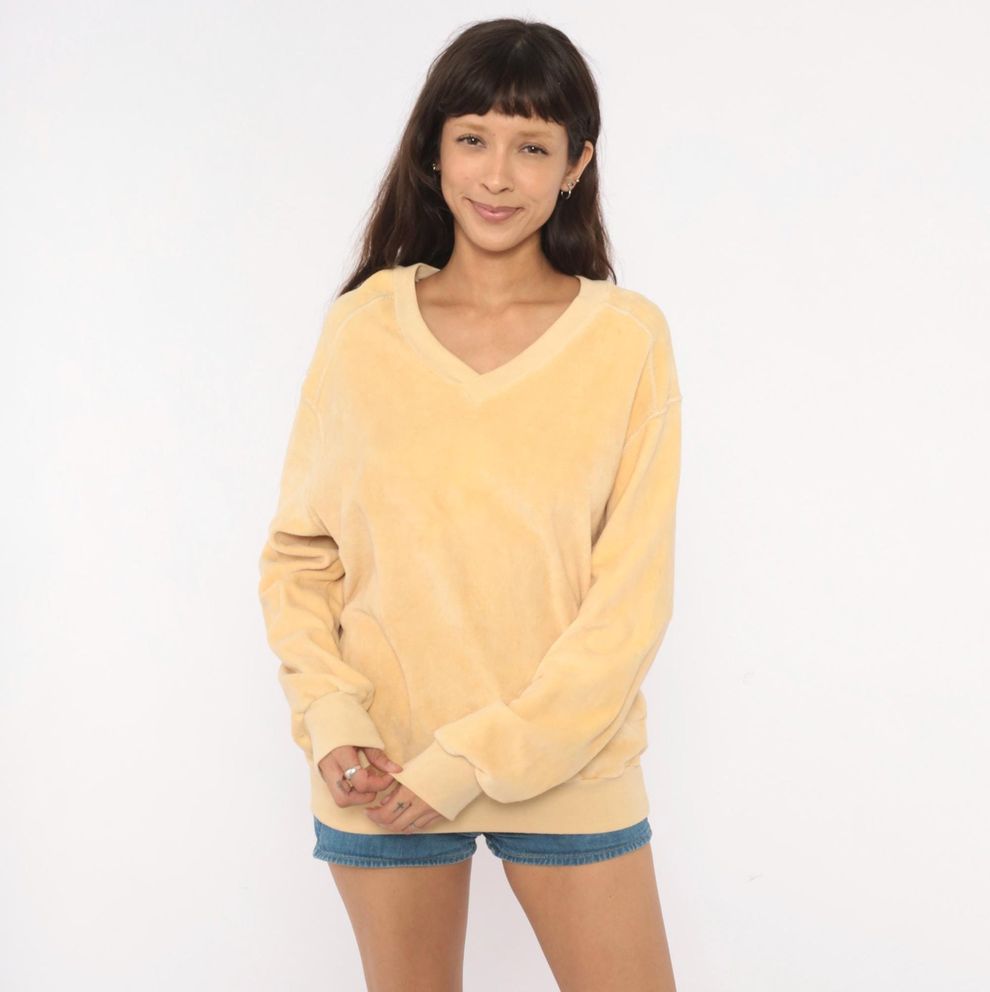 80s Admit One Velour Sweatshirt Cream Raglan V-Neck Extra Large XL