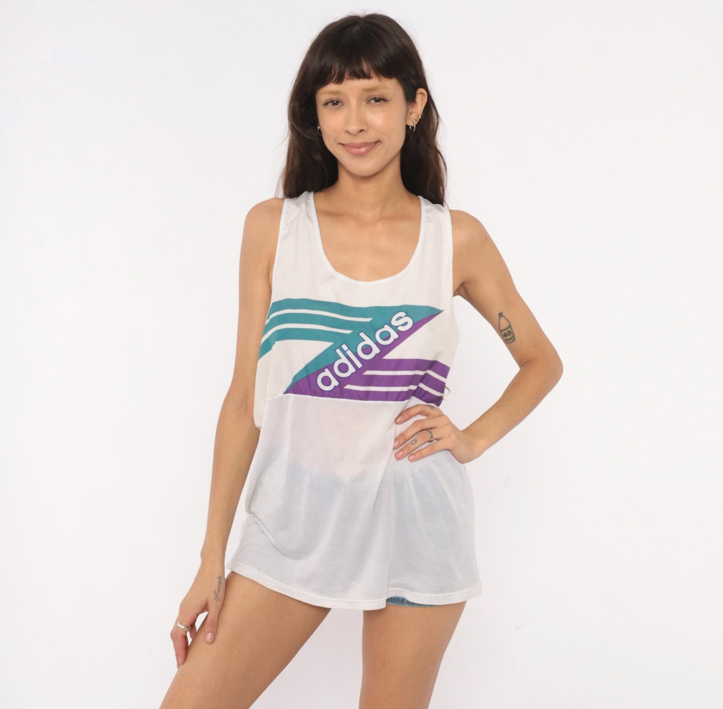 90s Adidas Tank Top White Teal Purple Mesh Athletic Sleeveless Extra Large XL