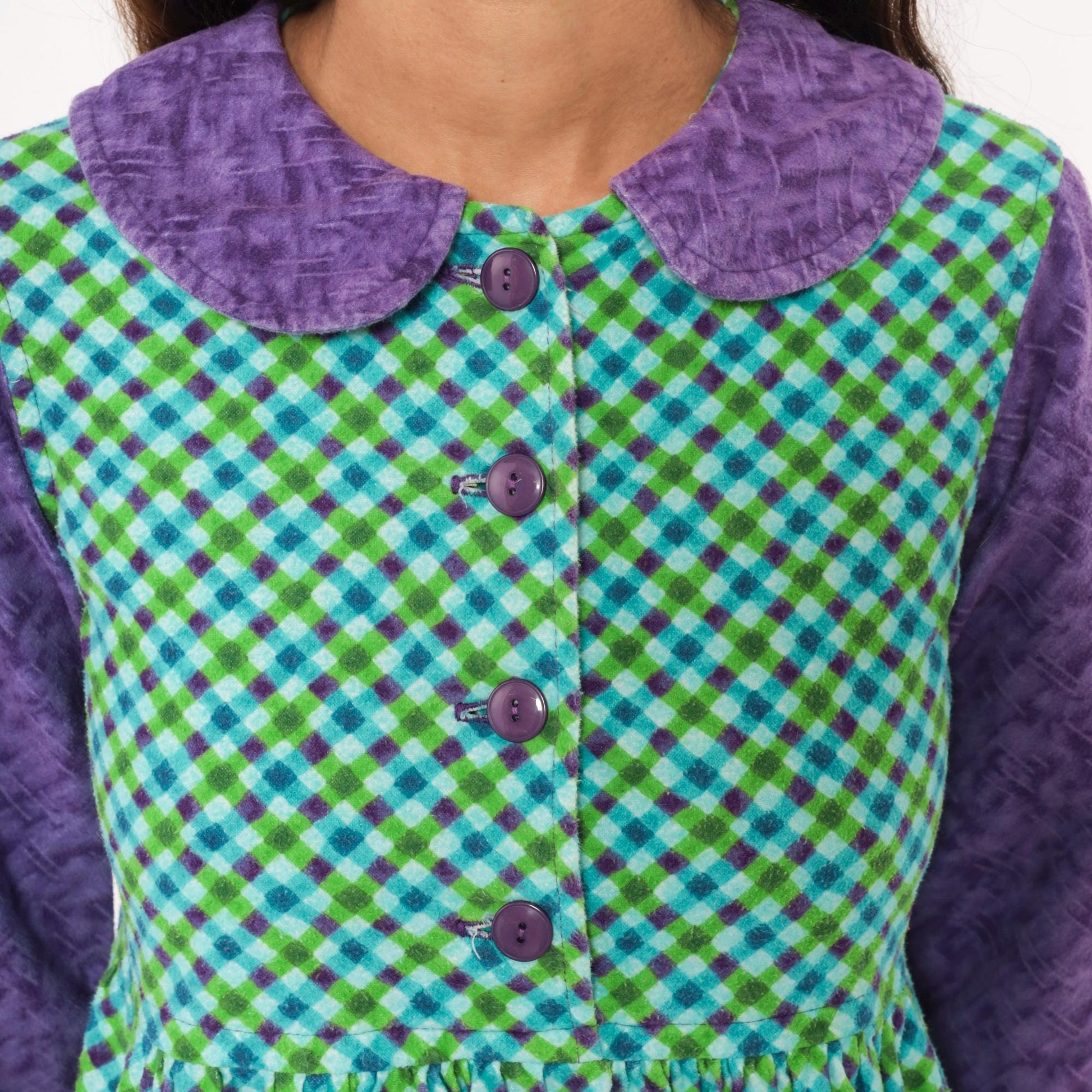 60s Babydoll Dress Purple Green Blue Gingham Peter Pan Collar Mini XS