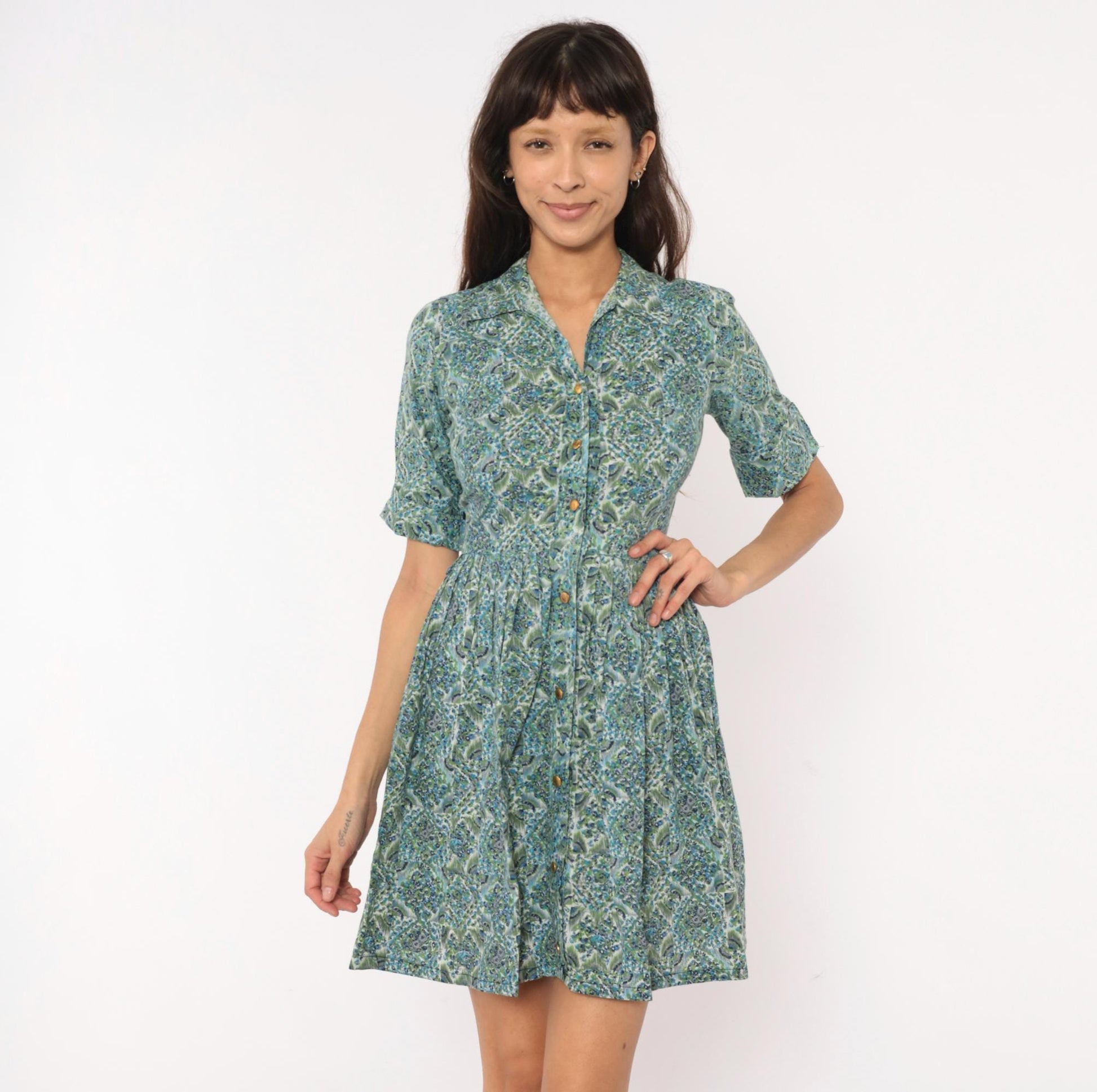 60s Penneys Brentwood Paisley Floral Shirtdress Blue Green Cotton Knee XS
