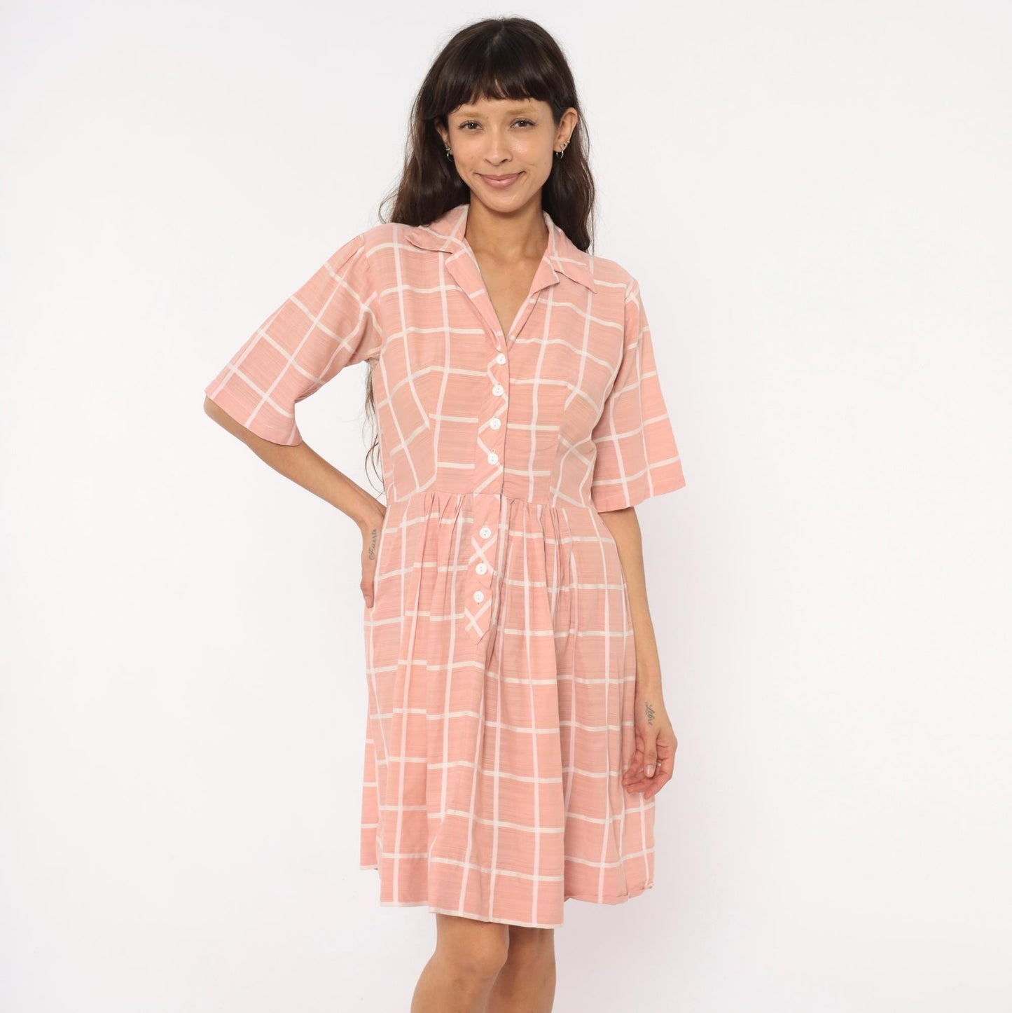 1960s Pink Cream Windowpane Shirtdress Cotton Button Front Pleated Large L