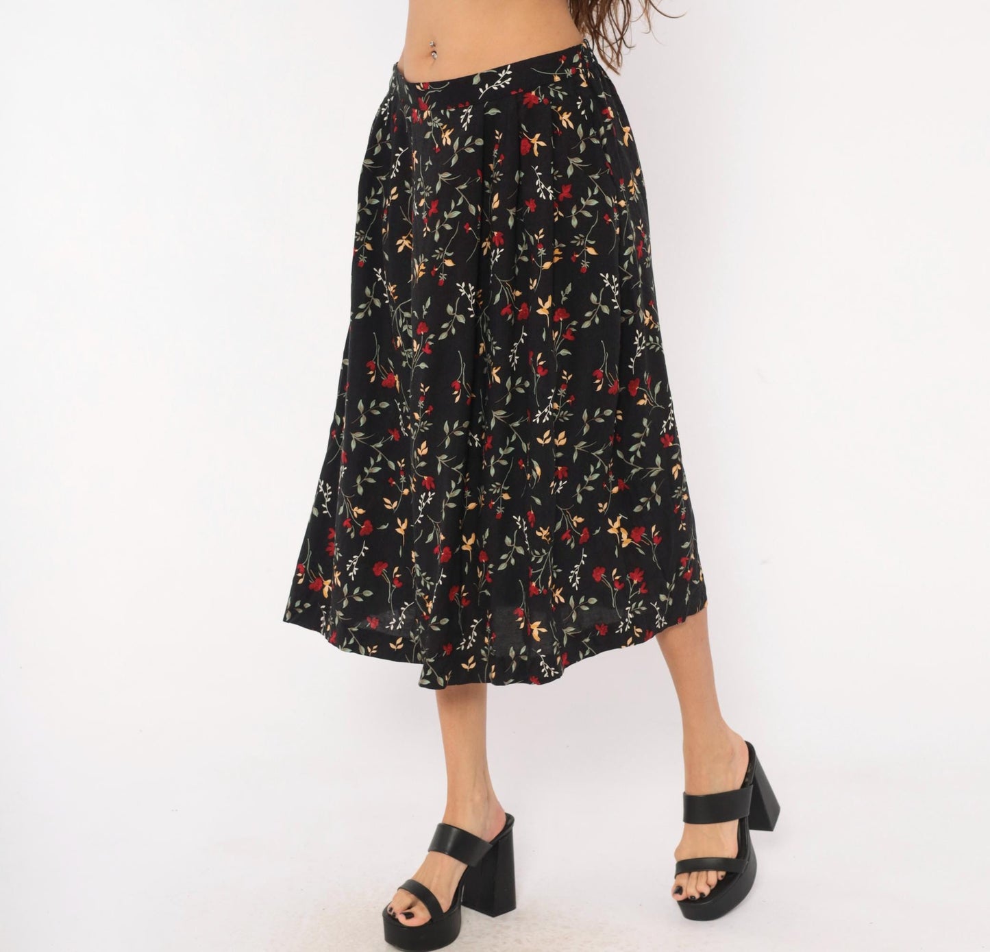 90s Appleseeds Botanical Midi Skirt Black Floral Red Green Extra Large XL