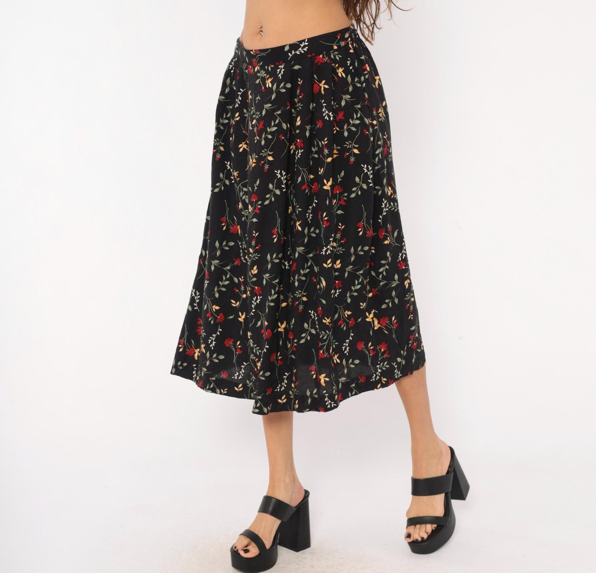 90s Appleseeds Botanical Midi Skirt Black Floral Red Green Extra Large XL