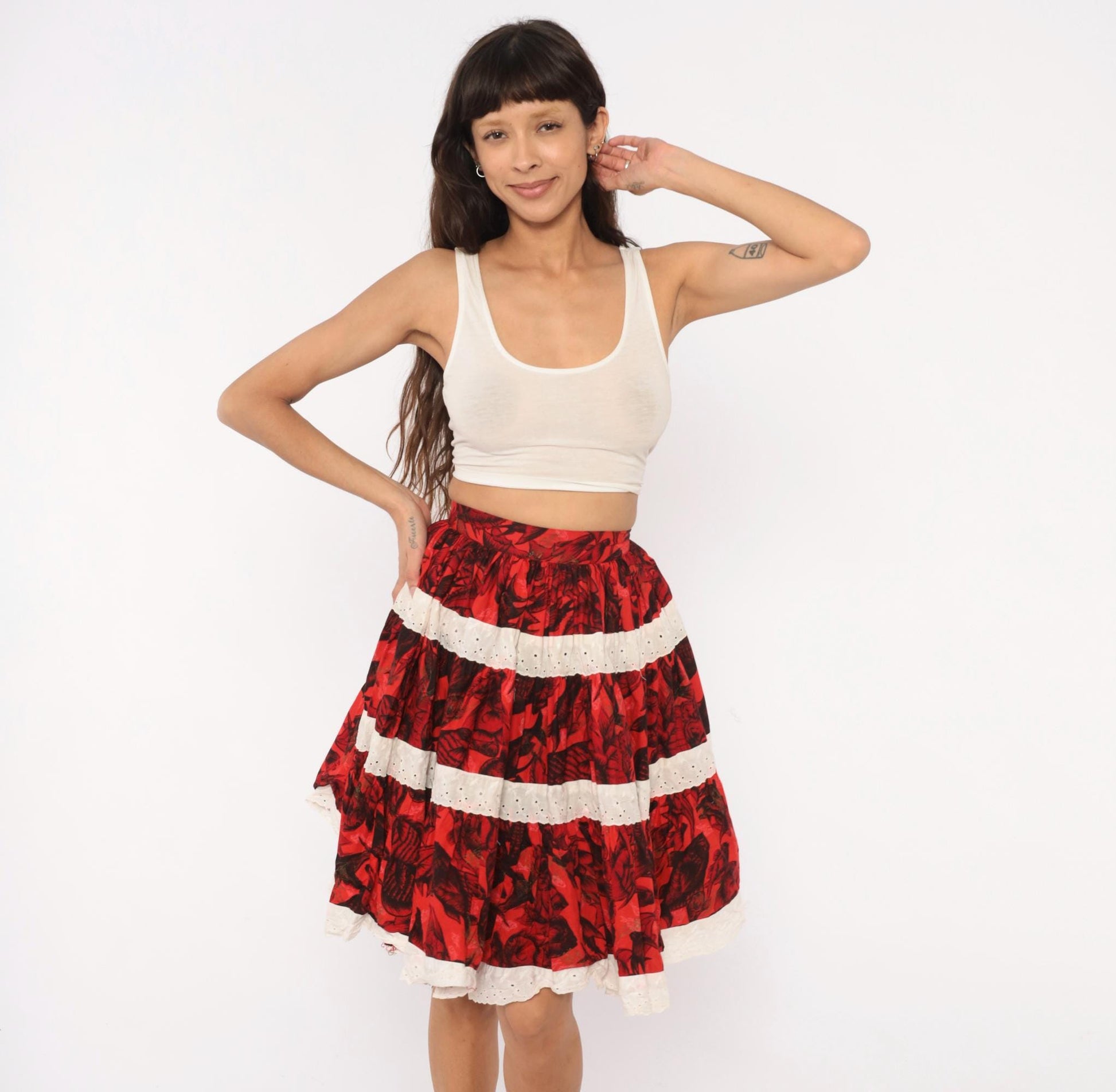60s Fish Print Circle Skirt Red Black Eyelet Lace Cotton Extra Small