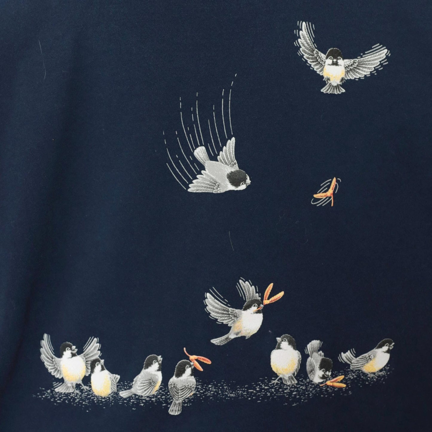 90s Morning Sun Chickadee Sweatshirt Navy Blue Autumn Leaves Collared Graphic Extra Large