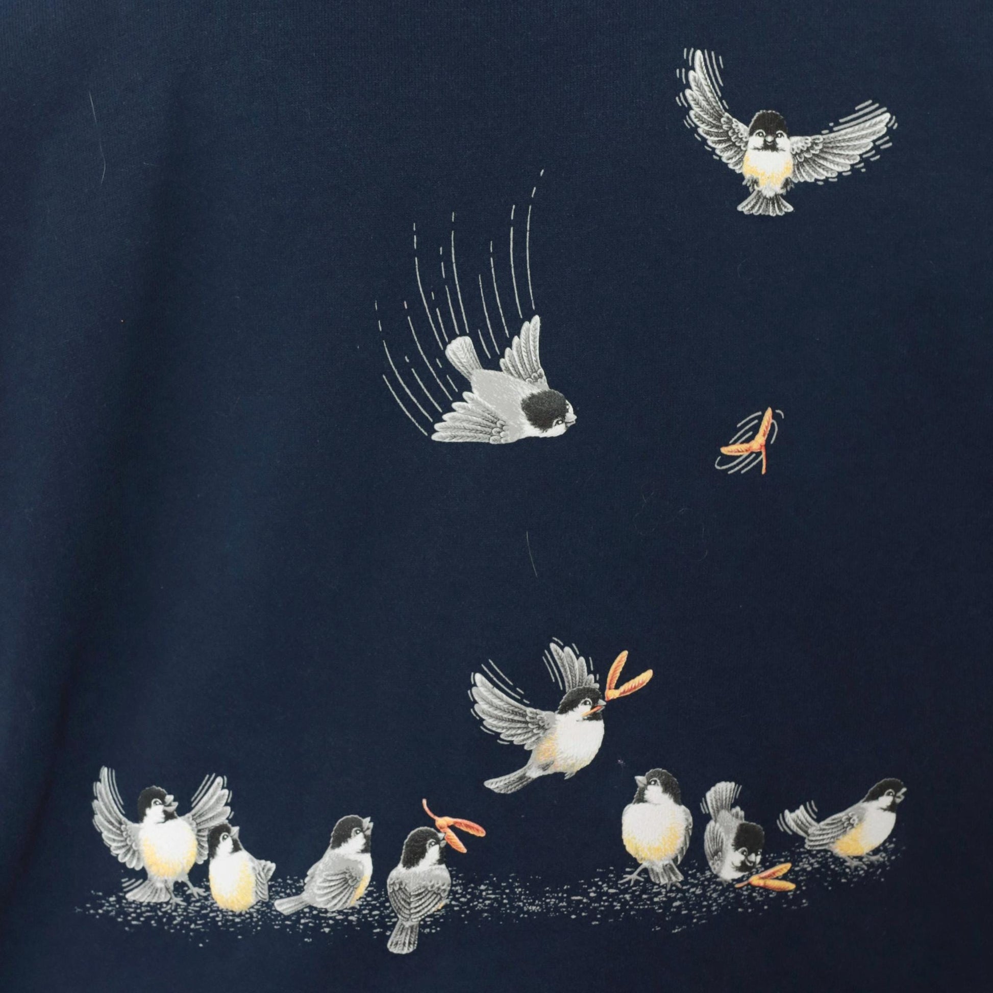 90s Morning Sun Chickadee Sweatshirt Navy Blue Autumn Leaves Collared Graphic Extra Large