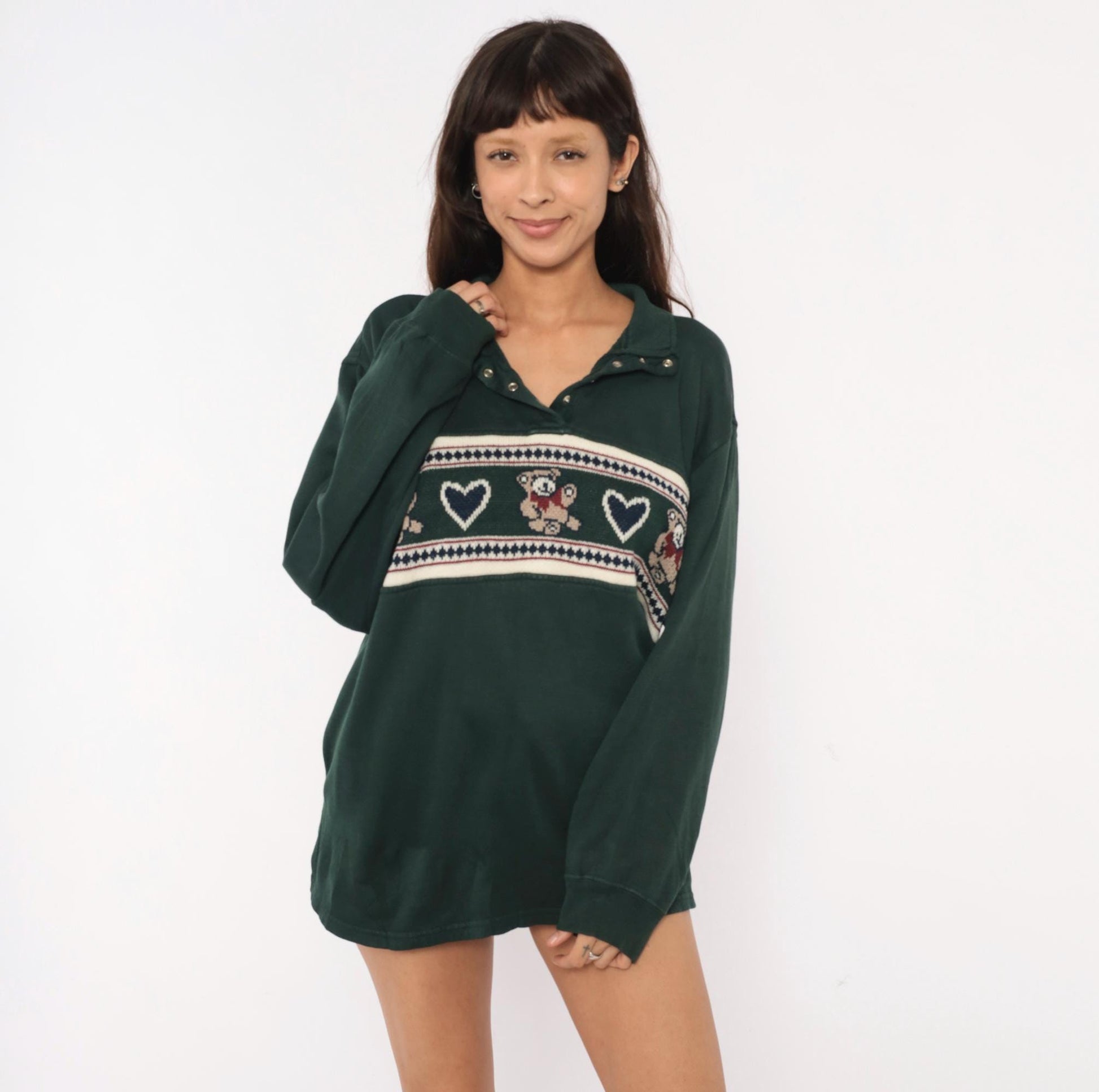 90s Carolina Teddy Bear Fair Isle Pullover Forest Green Knit Large L