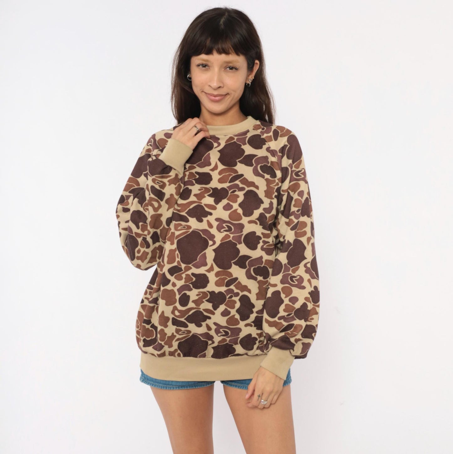 80s Duck Bay Camo Crewneck Sweatshirt Tan Brown Raglan Extra Large XL