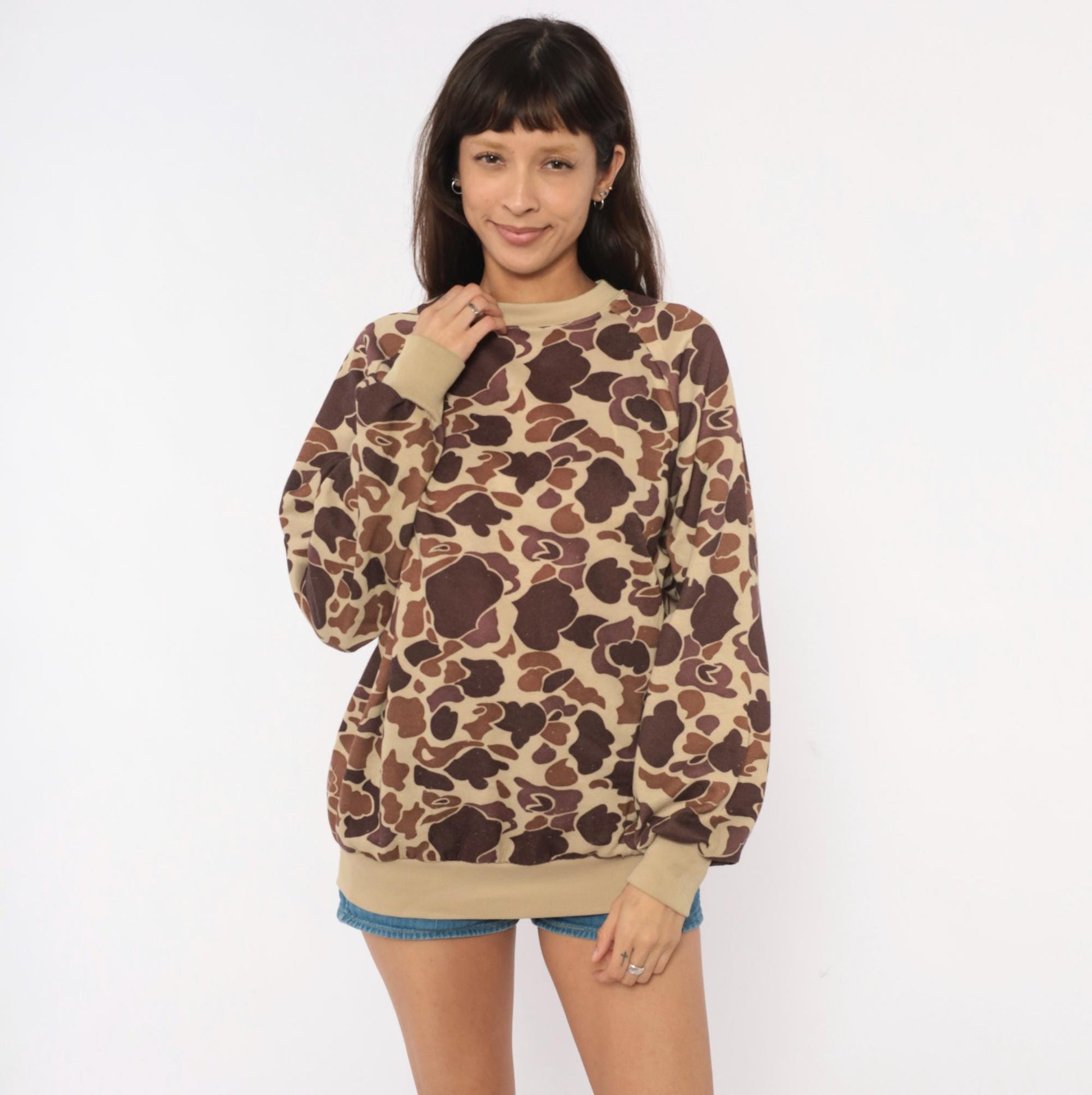 80s Duck Bay Camo Crewneck Sweatshirt Tan Brown Raglan Extra Large XL