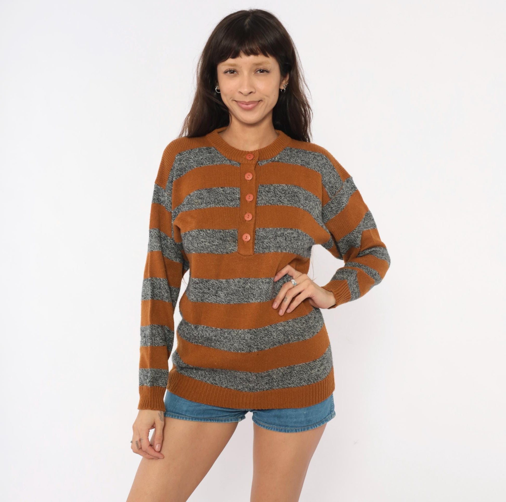 90s Amilano Striped Henley Sweater Mustard Grey Button Front Small