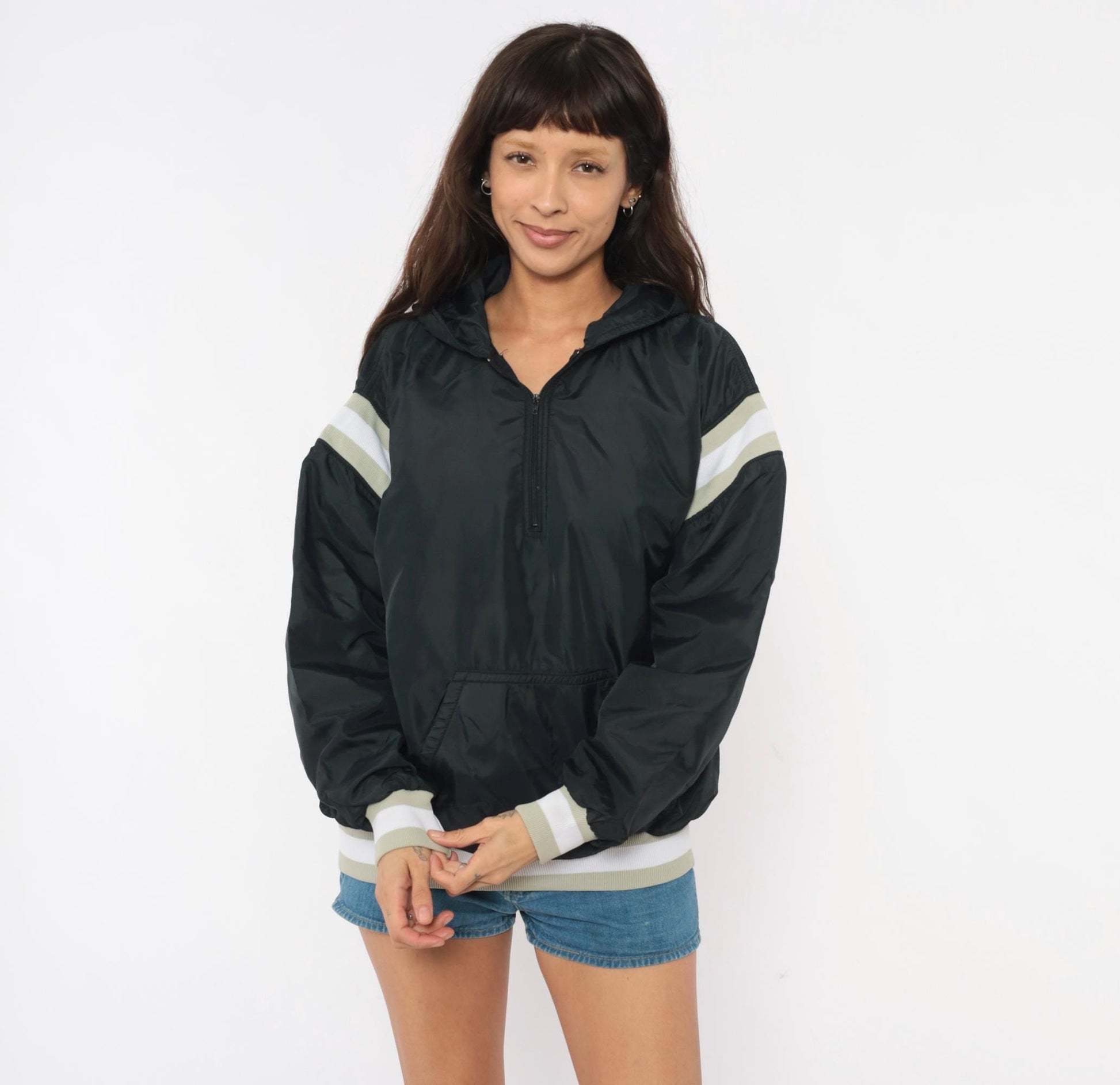 90s Russell Athletic Black Hooded Windbreaker Striped Sleeve Small