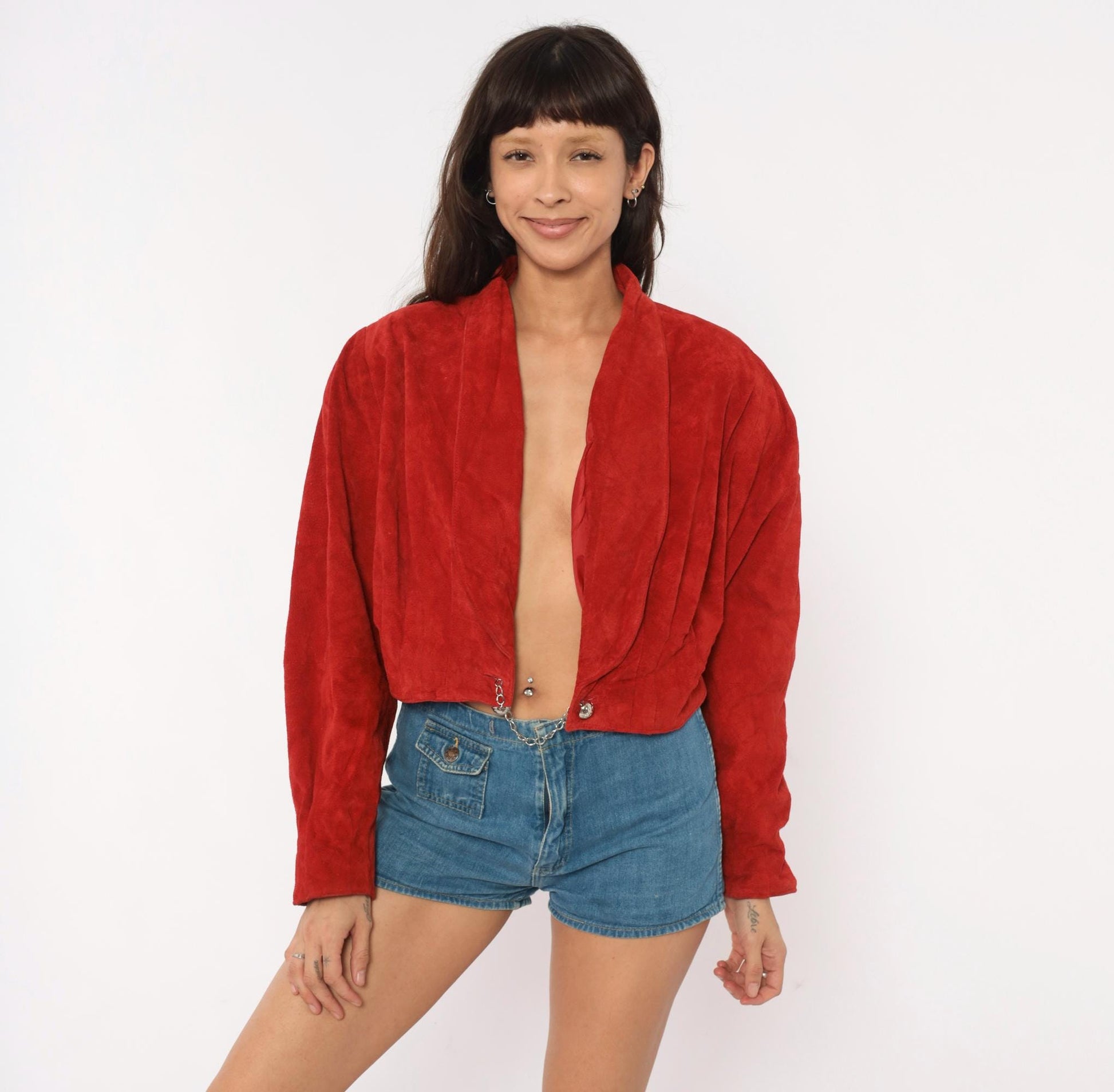 80s Wilsons Red Suede Cropped Jacket Dolman Sleeve Shawl Collar Large L