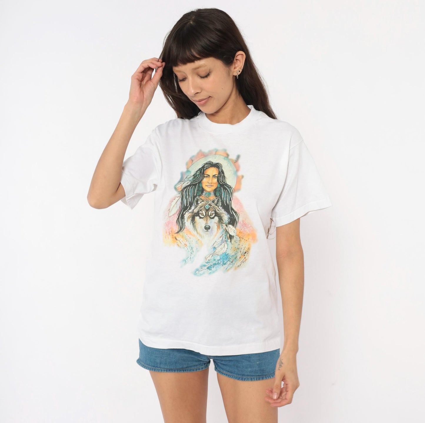 90s Wolf Moon Feather Graphic Tee Fruit Of The Loom White Medium