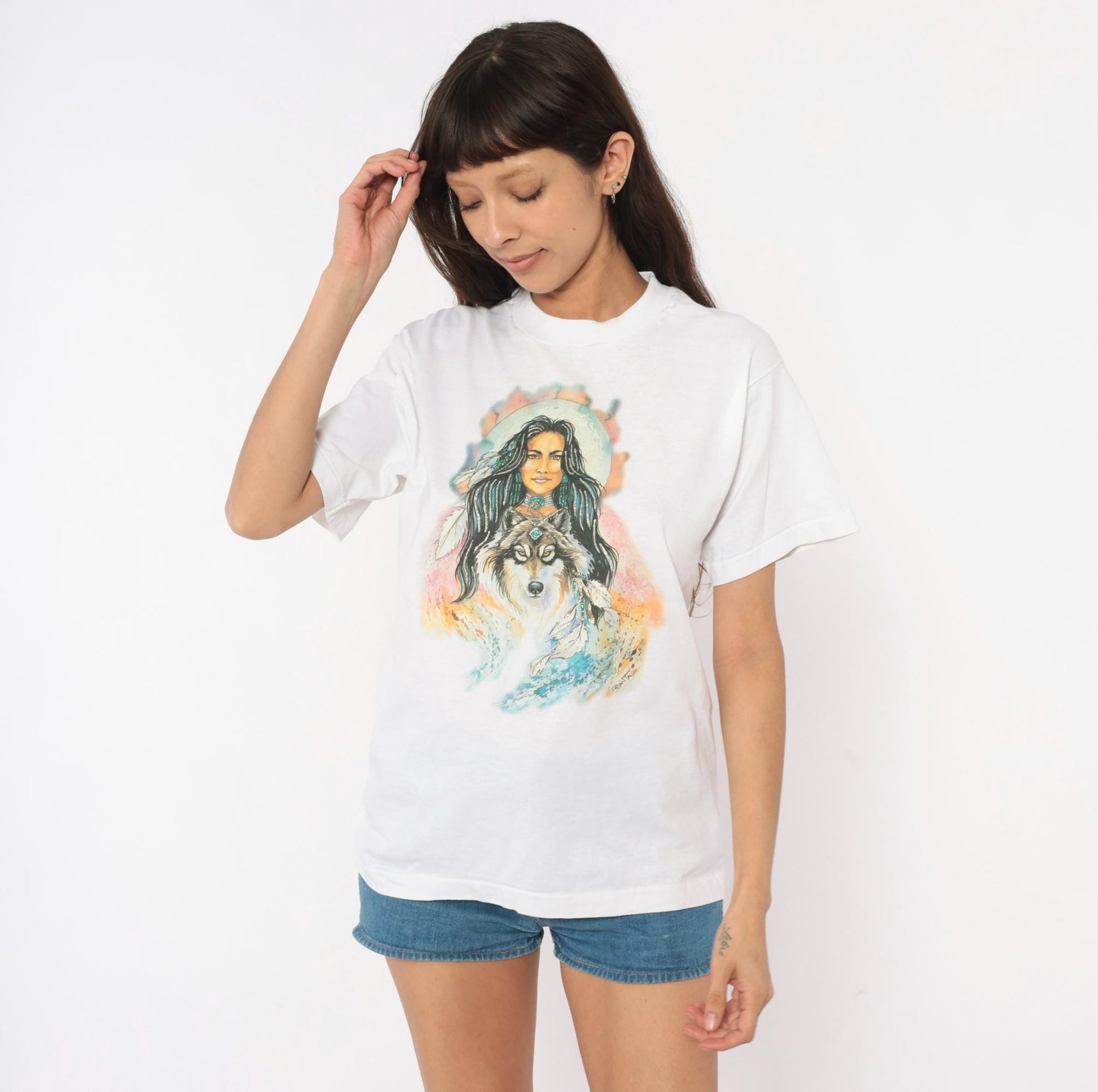 90s Wolf Moon Feather Graphic Tee Fruit Of The Loom White Medium