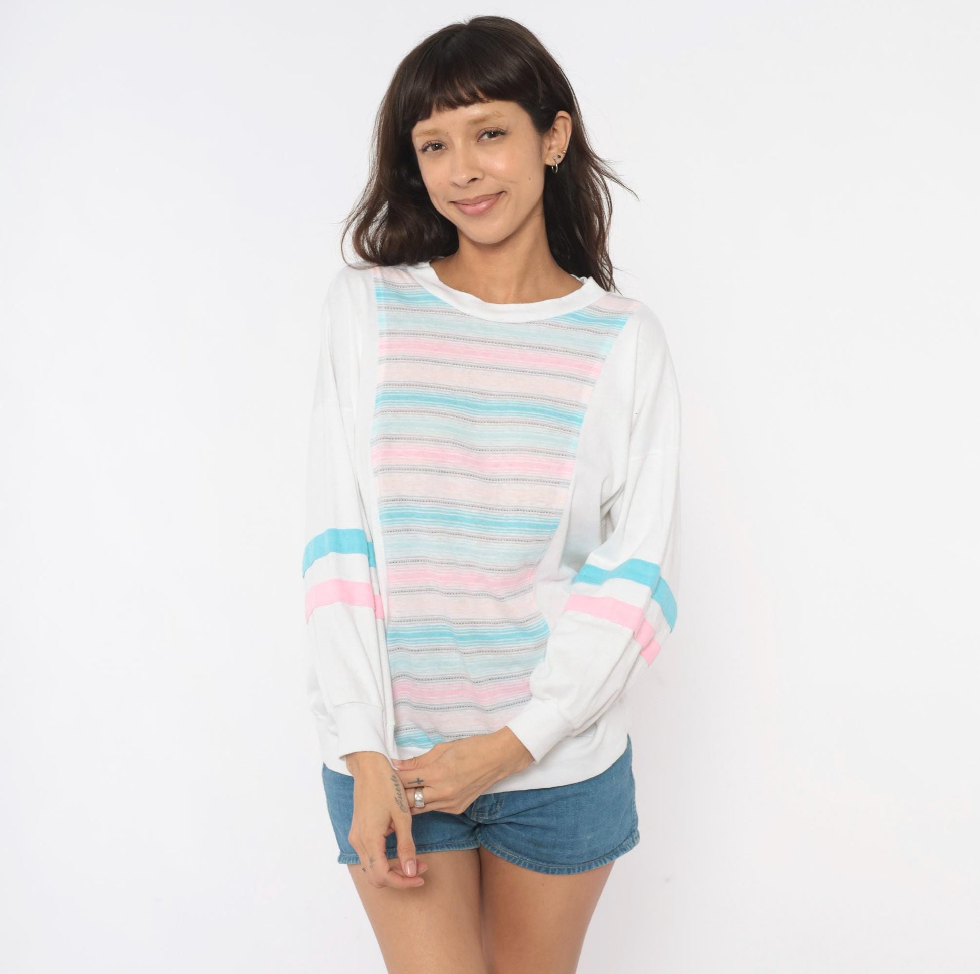 80s Marc Perry Pastel Striped Cotton Sweatshirt Crew Neck Medium