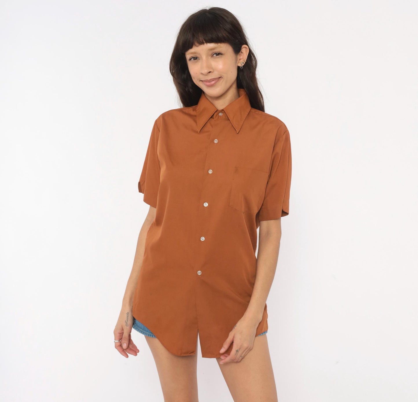 70s Fleetline Rust Button-Up Shirt Pointed Collar Short Sleeve Small