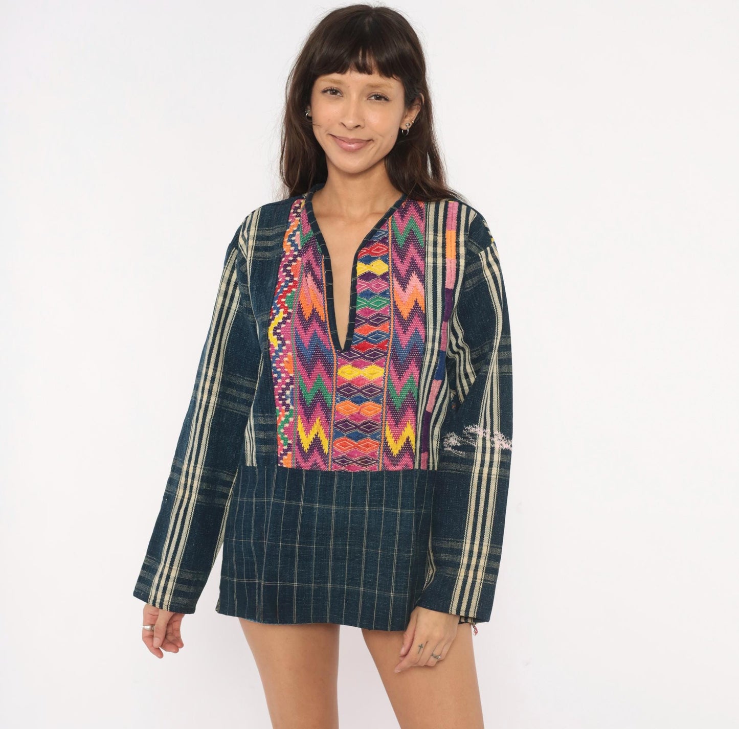 90s Guatemalan Huipil Handwoven Cotton Tunic Indigo Embroidered Medium M
