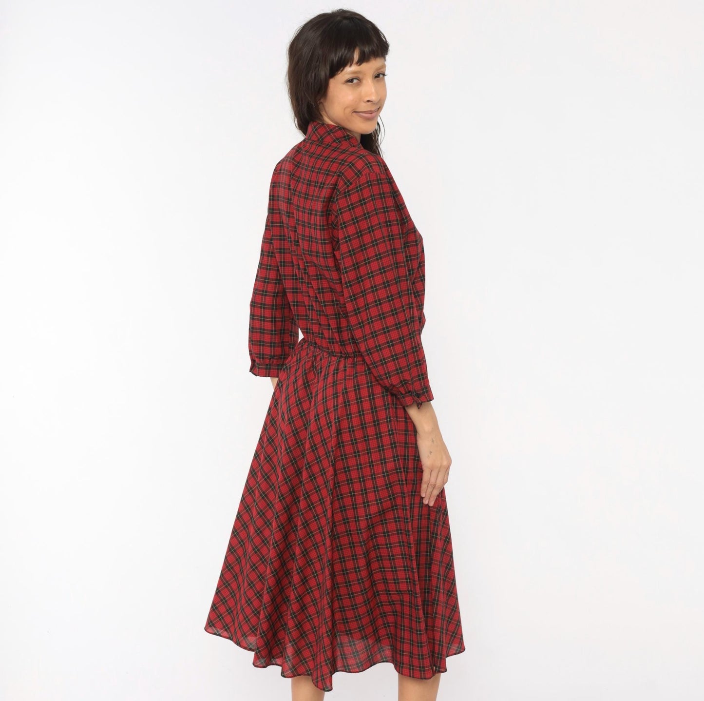 80s Alison Peters Plaid Shirtdress Red Black Tartan Midi Pleated Cotton Medium Large