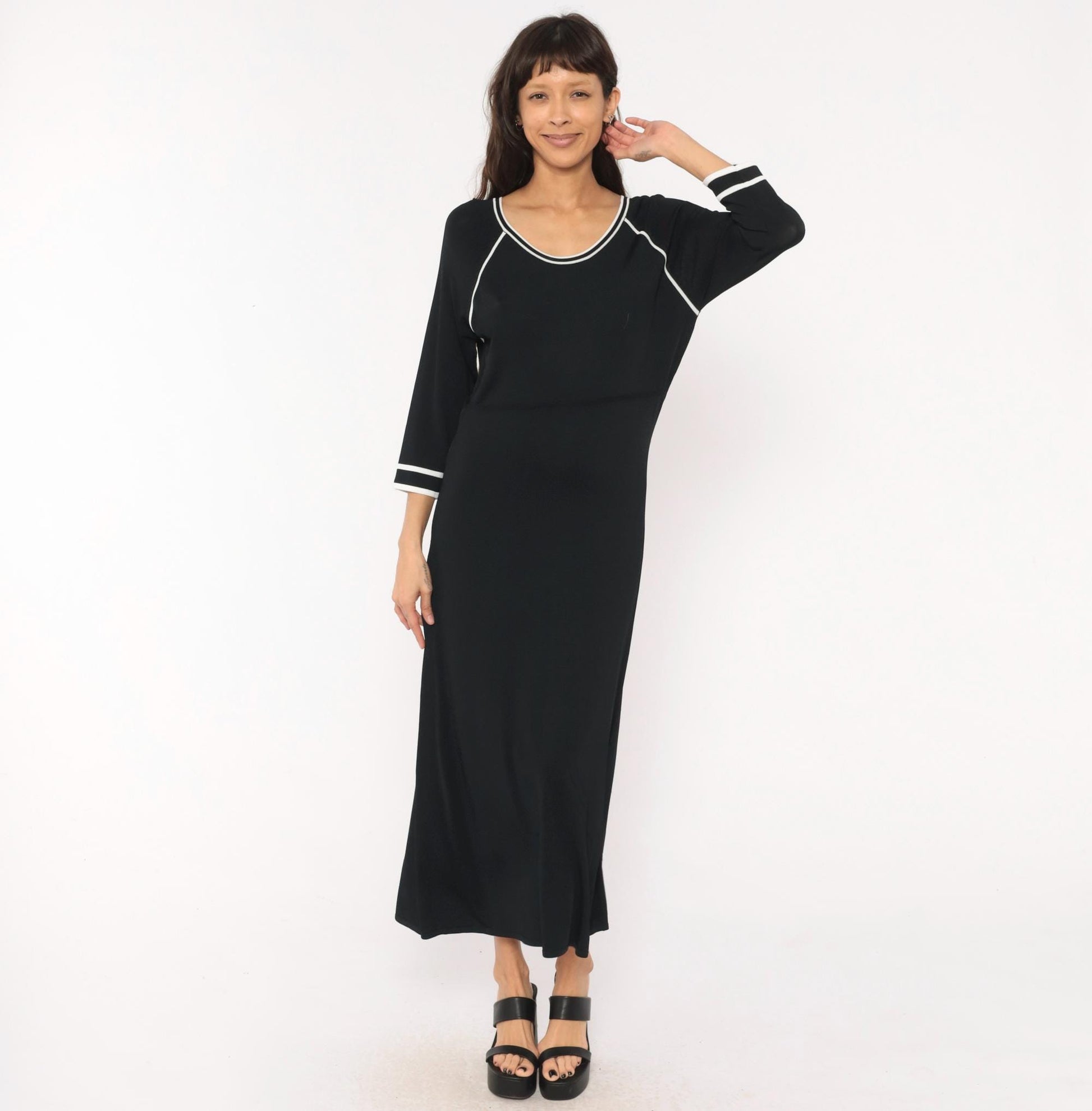 90s Norm Thompson Black Knit Maxi Dress Scoop Neck White Piping Small