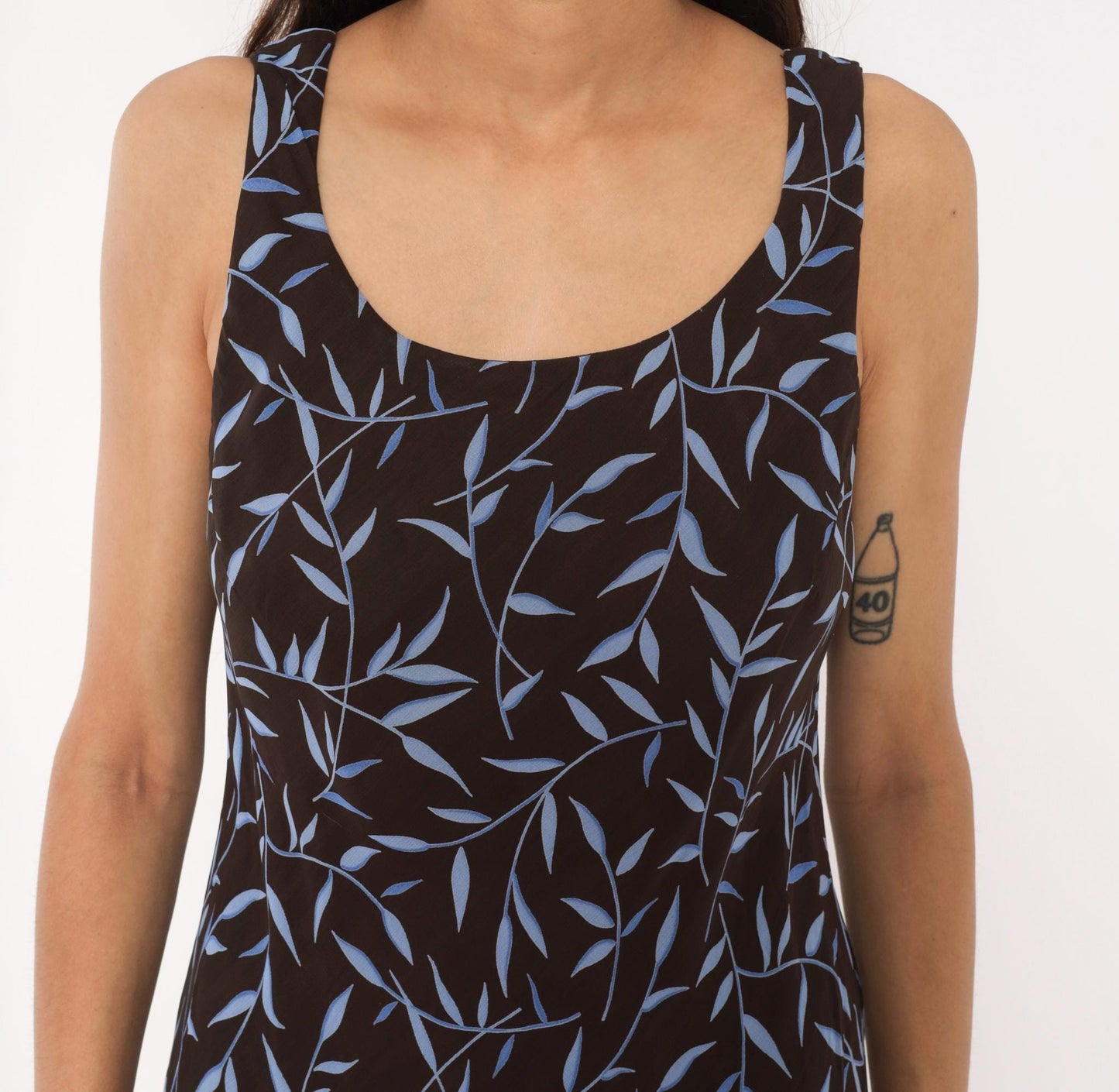 90s Carole Little Maxi Dress Brown Blue Leaf Print Scoop Neck Small S