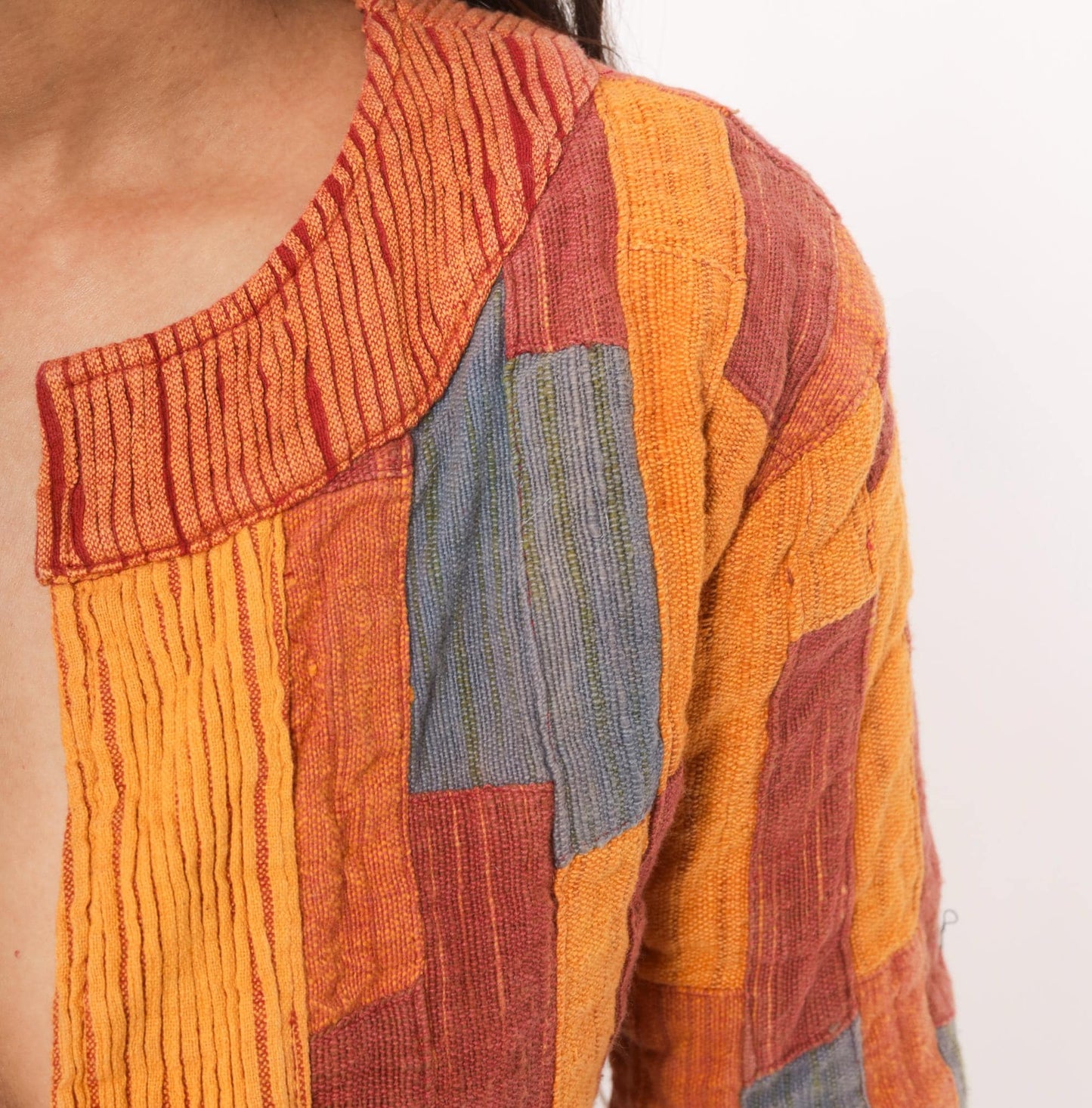 2000s Patchwork Cropped Bolero Jacket Mustard Burgundy Blue Cotton Small