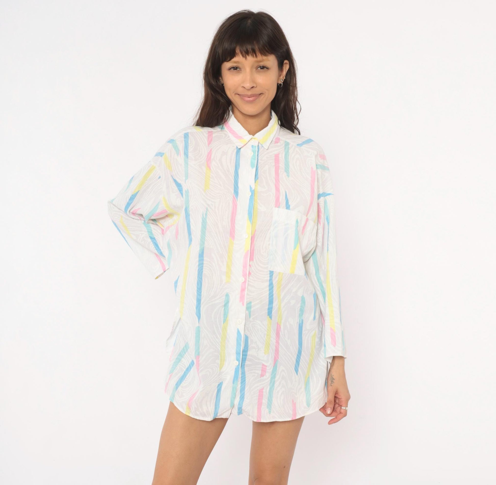 90s Ardmore Abstract Brushstroke Button Blouse Pink Blue Yellow Large L