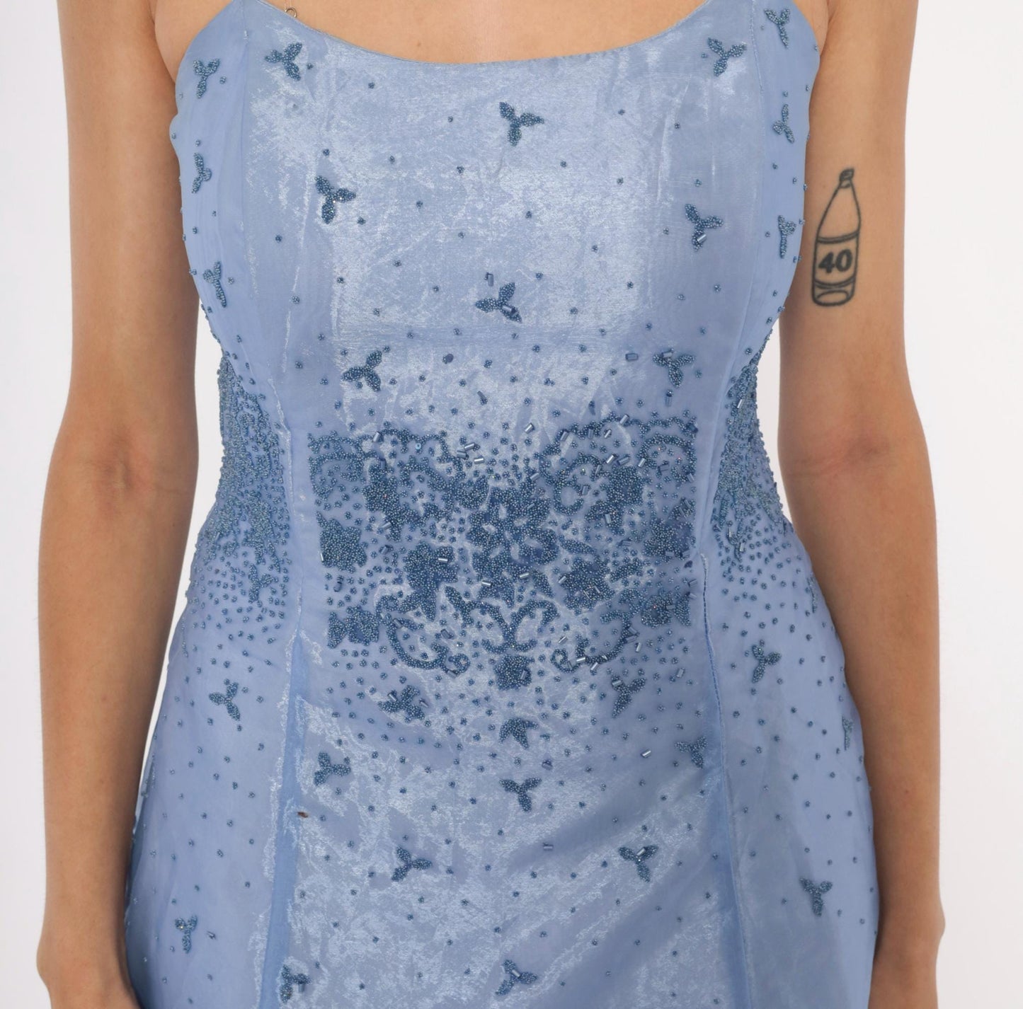 90s Kiki USA Periwinkle Beaded Gown Butterfly Embellished Strapless Organza Medium M