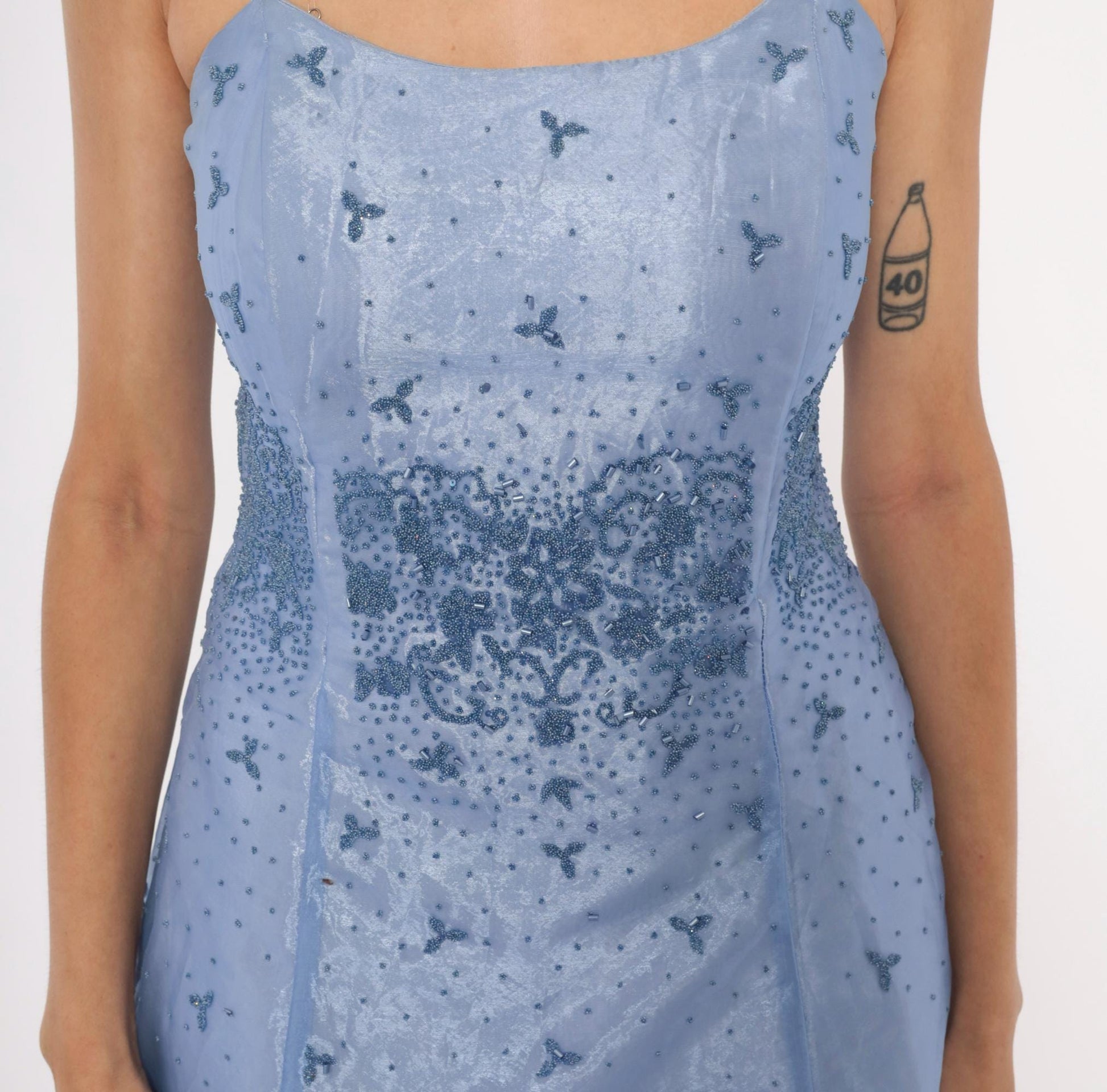90s Kiki USA Periwinkle Beaded Gown Butterfly Embellished Strapless Organza Medium M