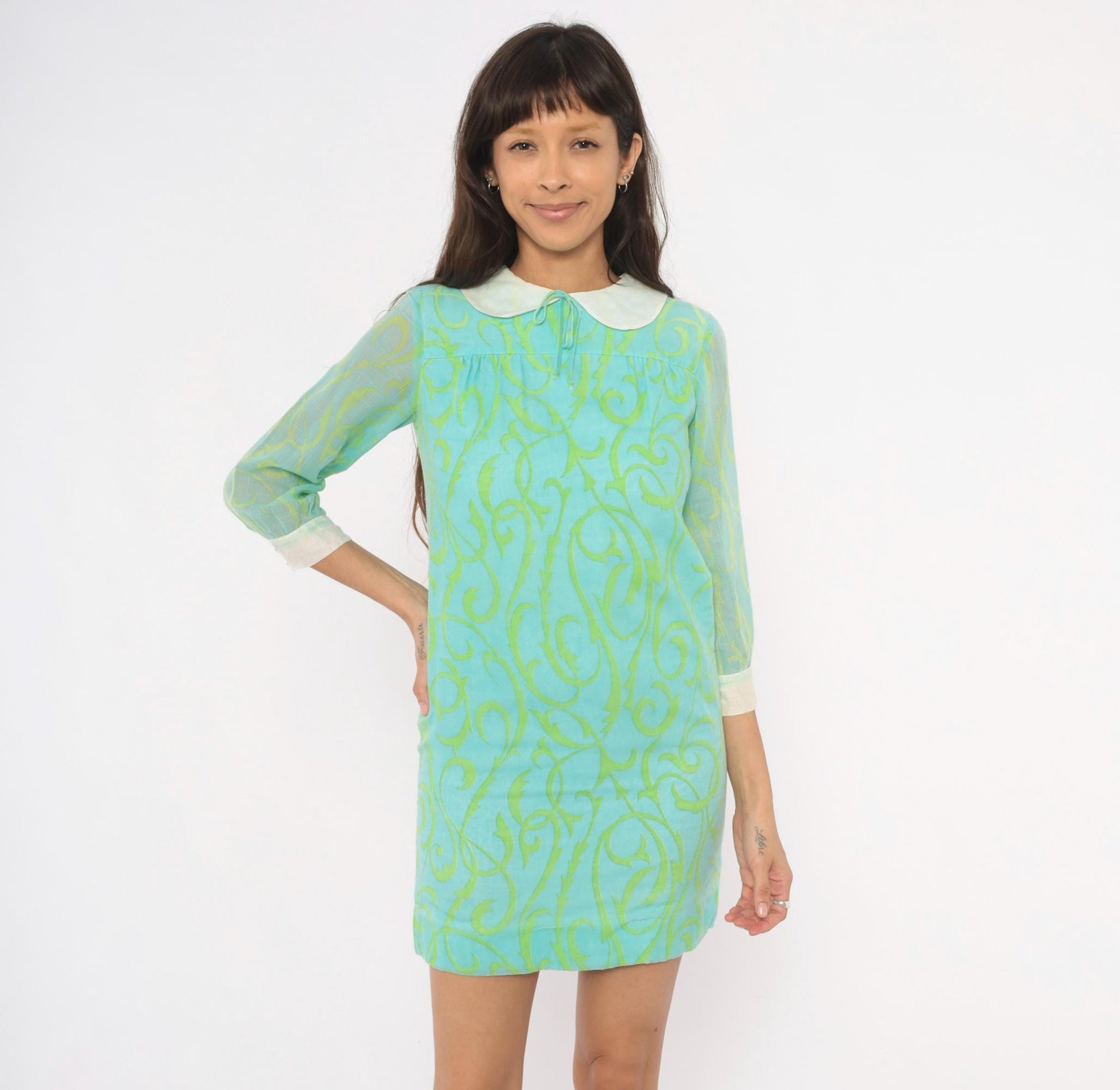 60s Psychedelic Swirl Mini Dress Aqua Lime Peter Pan Collar Shift XS