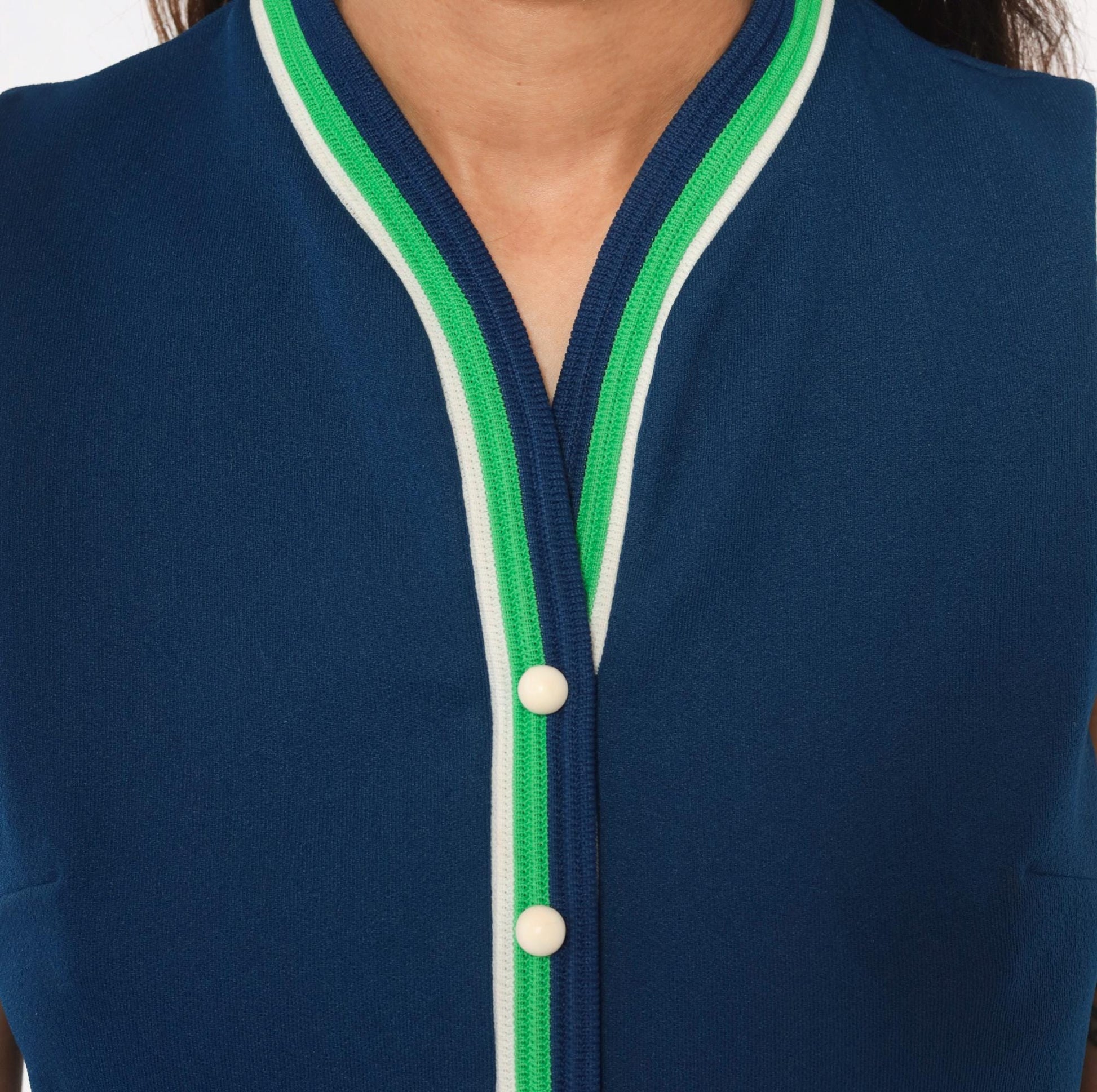 70s Toni Todd Navy Shift Dress Sleeveless V-Neck Striped Trim Small