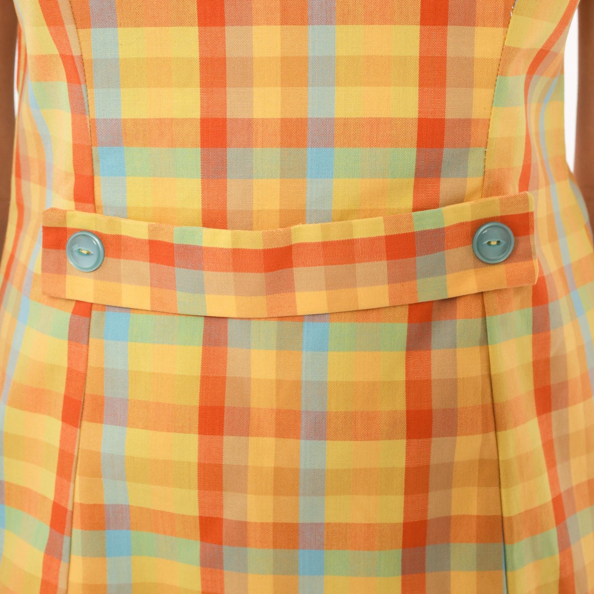60s Plaid Mini Dress Yellow Orange Blue Check Mock Neck Cotton Small
